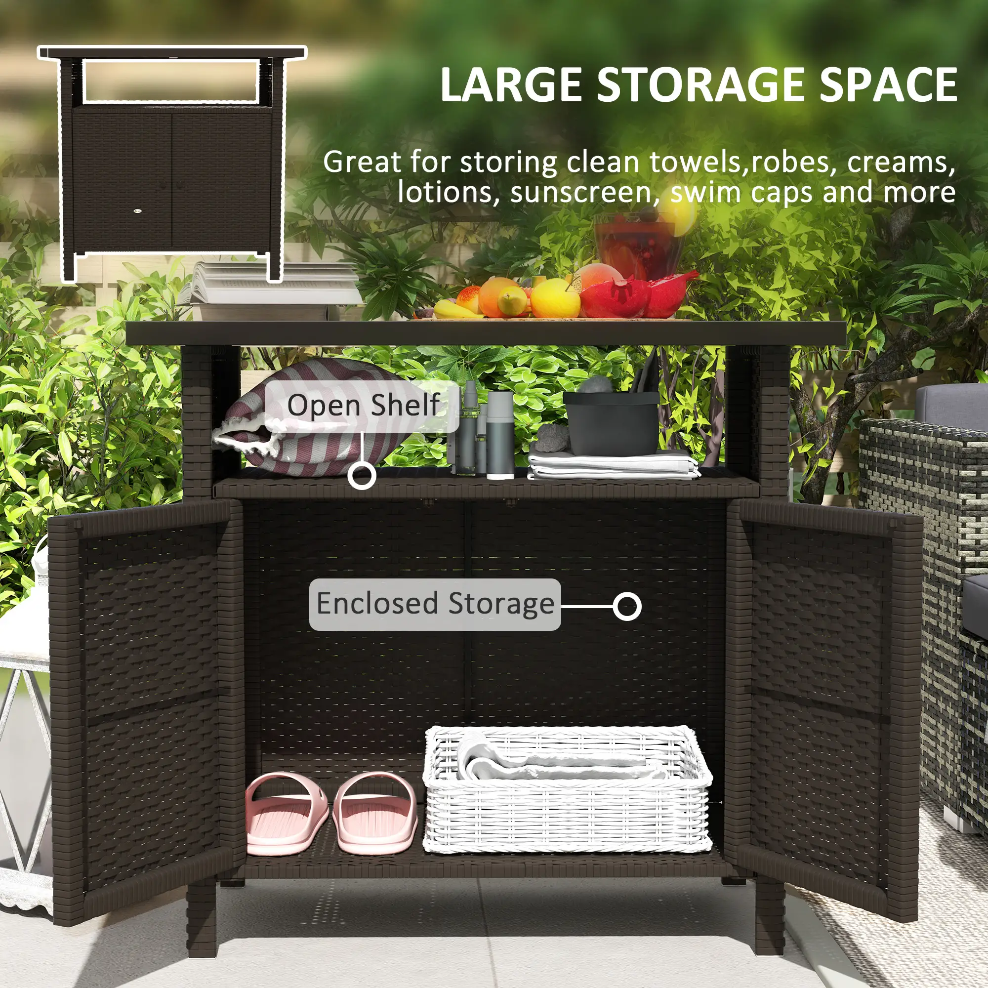Wicker Outdoor Storage Cabinet, Two Doors With Shelf, Dark Coffee - Image 4