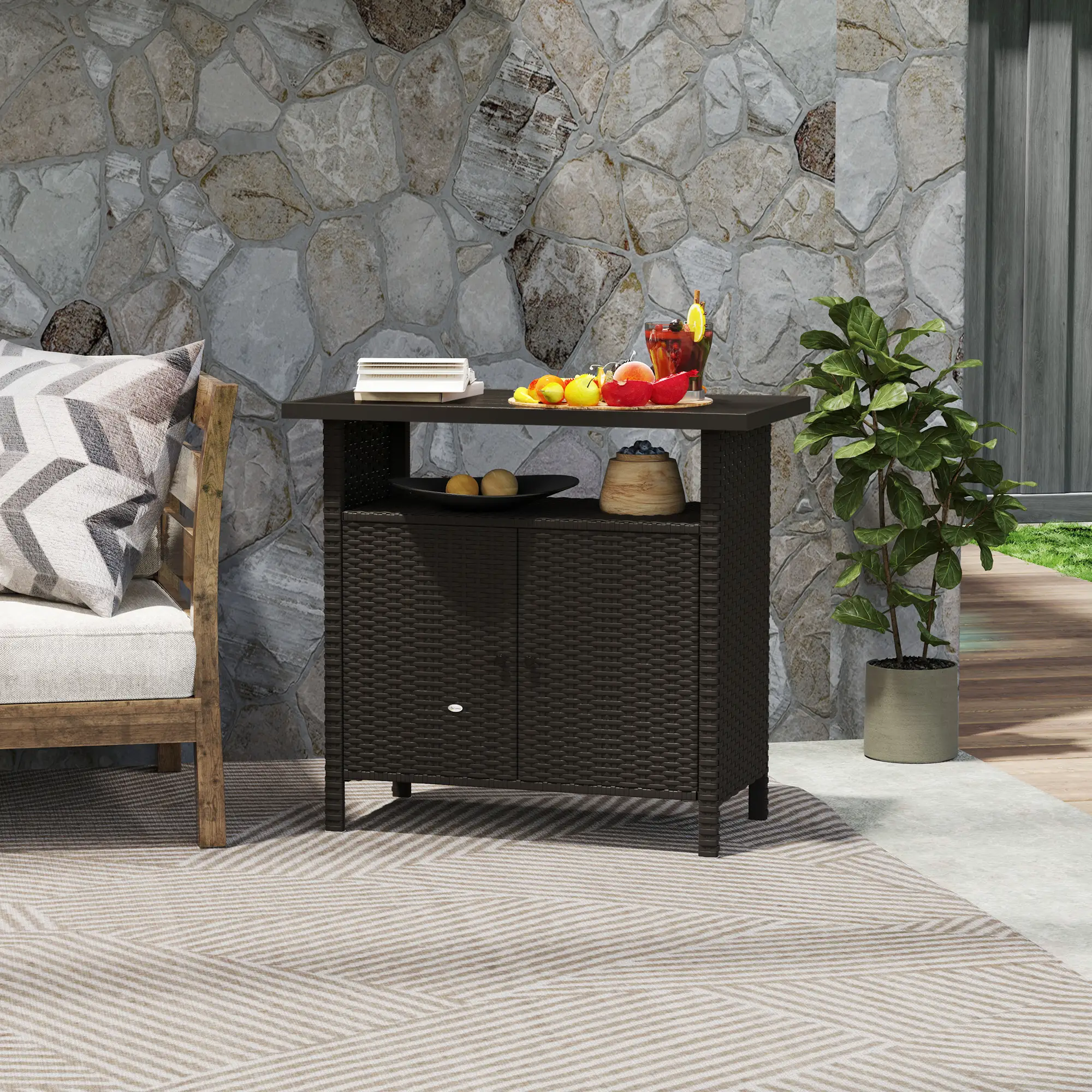 Wicker Outdoor Storage Cabinet, Two Doors With Shelf, Dark Coffee - Image 8