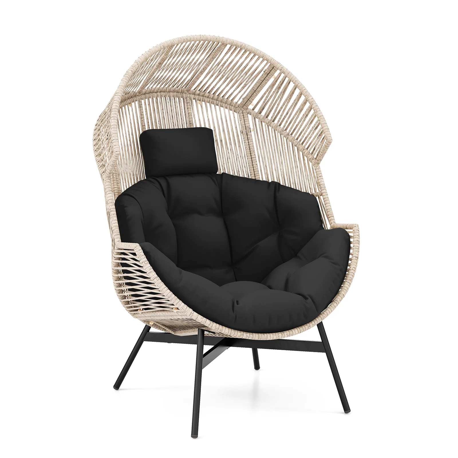 Wicker Oversized Egg Chair With Cushions, Headrest, Black