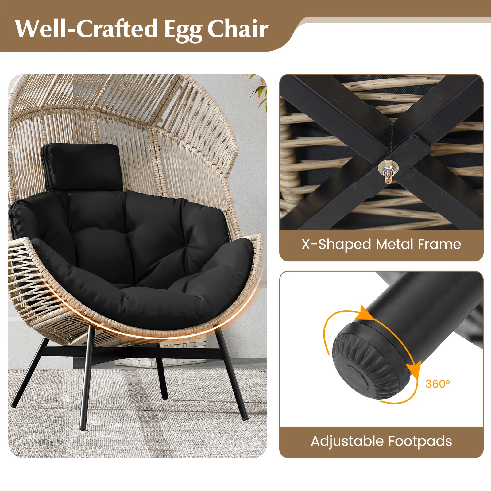 Wicker Oversized Egg Chair With Cushions, Headrest, Black - Image 10