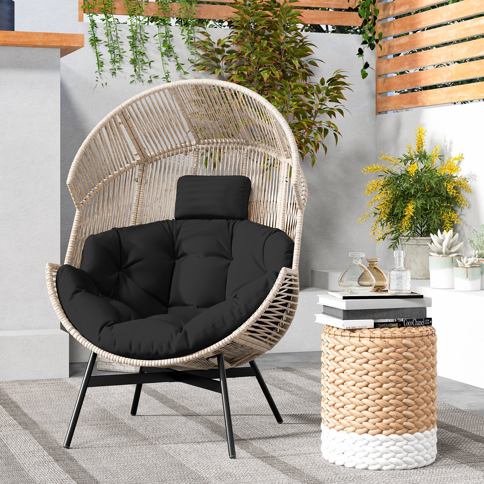 Wicker Oversized Egg Chair With Cushions, Headrest, Black - Image 3