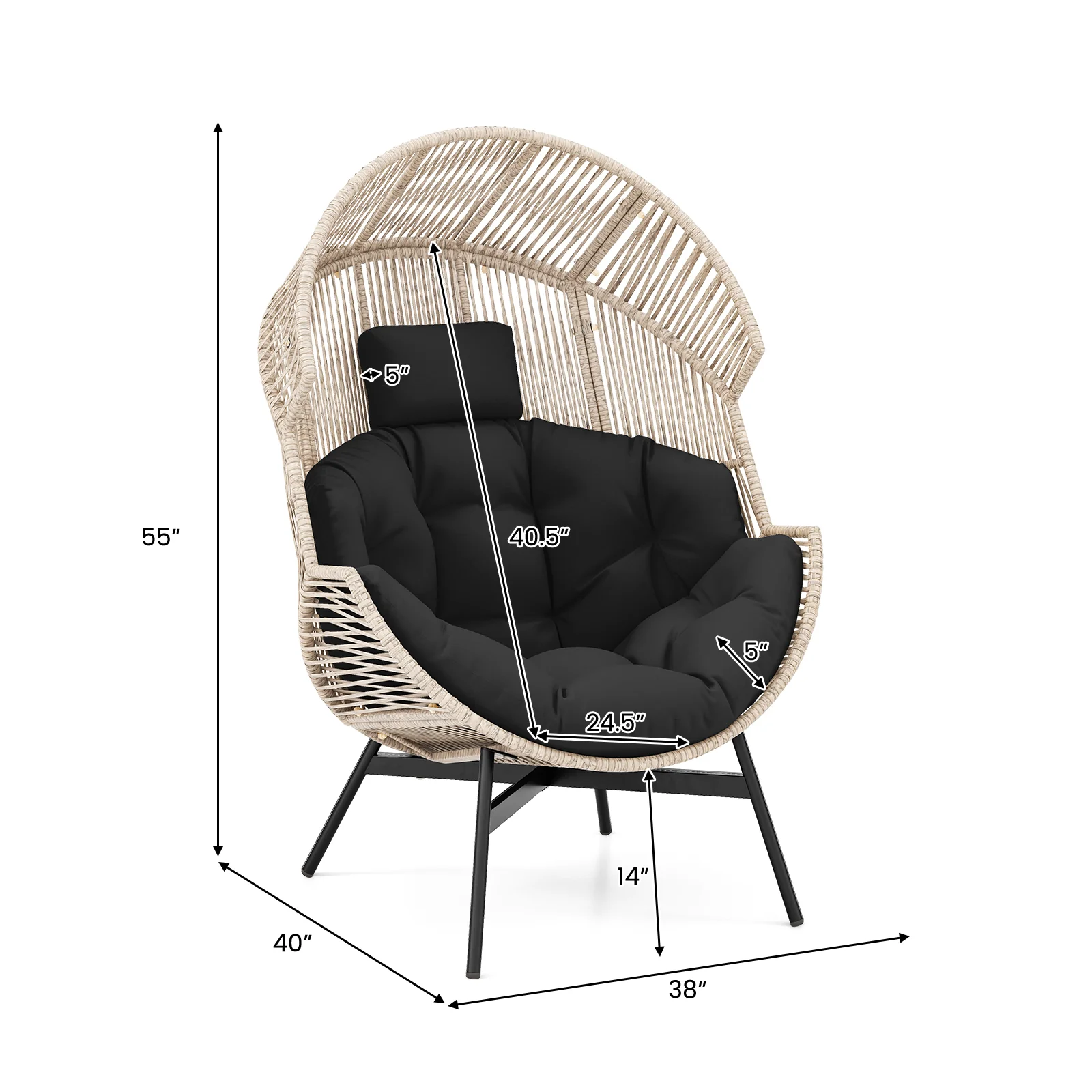 Wicker Oversized Egg Chair With Cushions, Headrest, Black - Image 6
