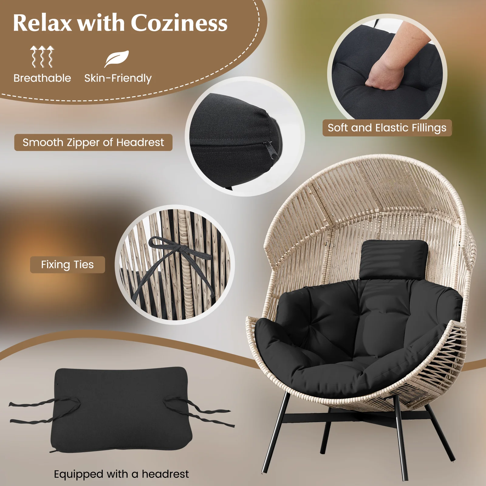 Wicker Oversized Egg Chair With Cushions, Headrest, Black - Image 8
