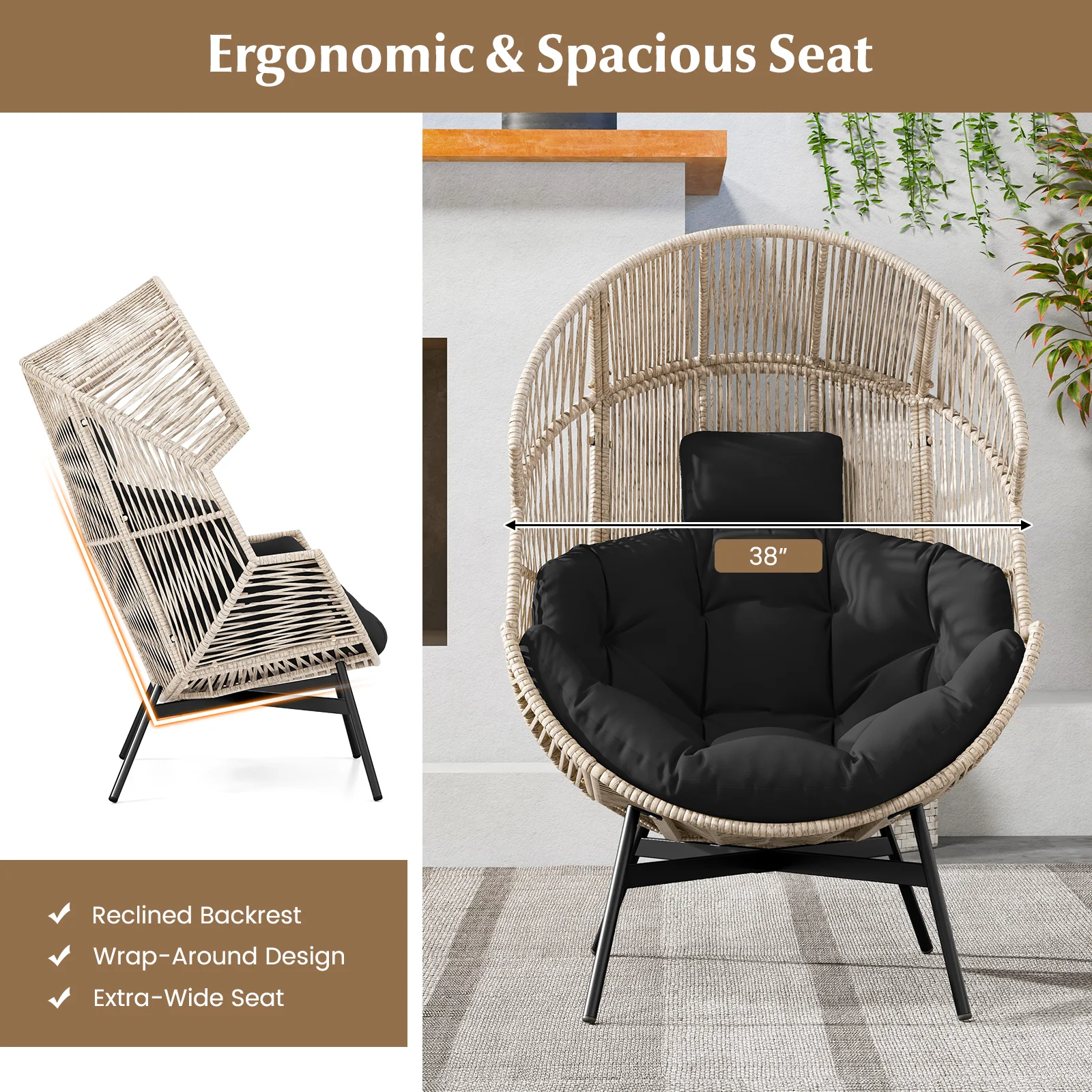 Wicker Oversized Egg Chair With Cushions, Headrest, Black - Image 9