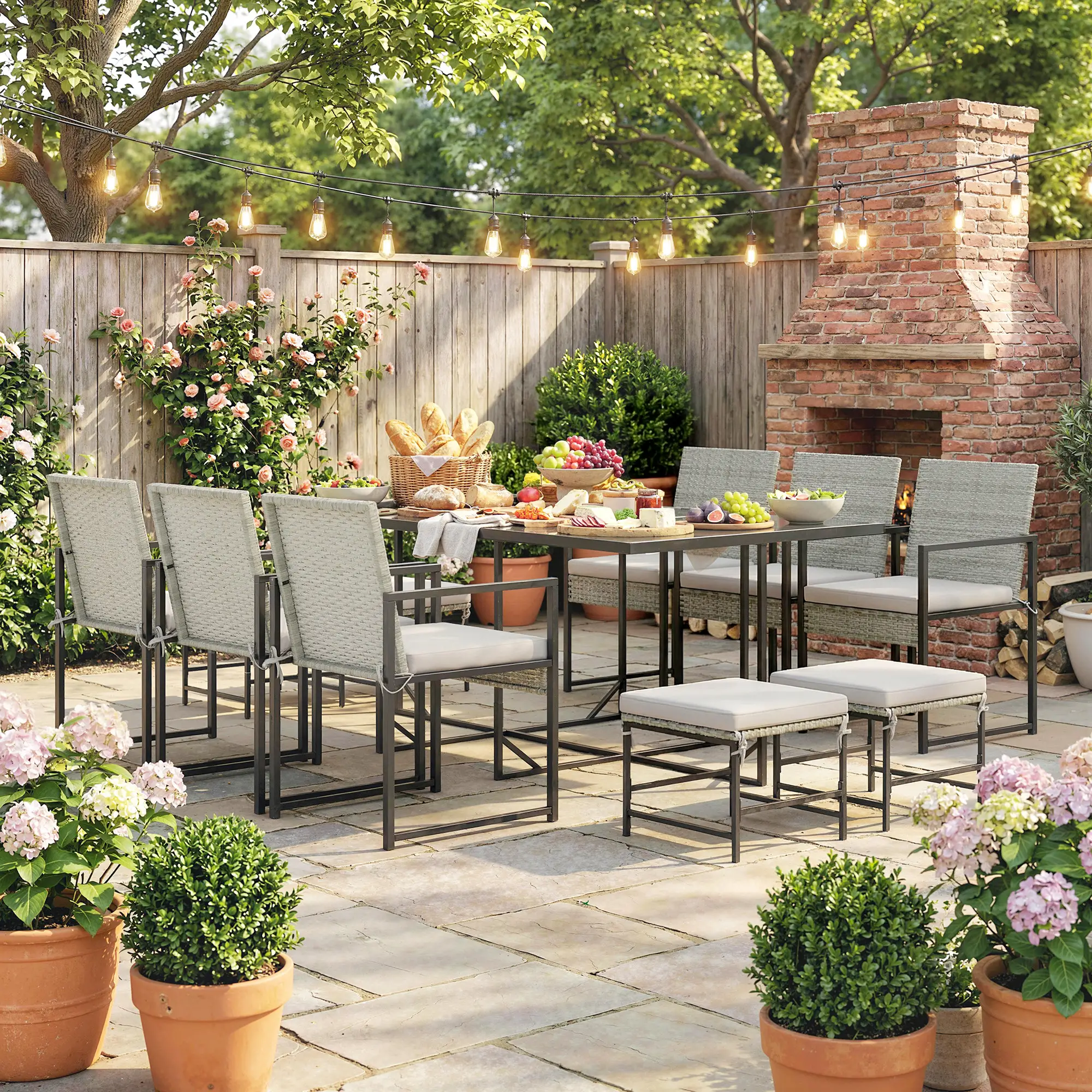 Wicker Patio Dining Set, 6 Armchairs, 4 Stools, Light Grey - Image 10