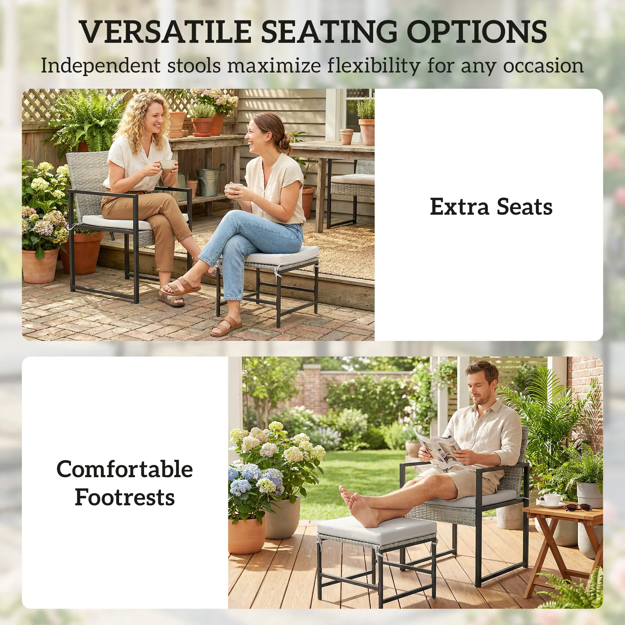 Wicker Patio Dining Set, 6 Armchairs, 4 Stools, Light Grey - Image 5