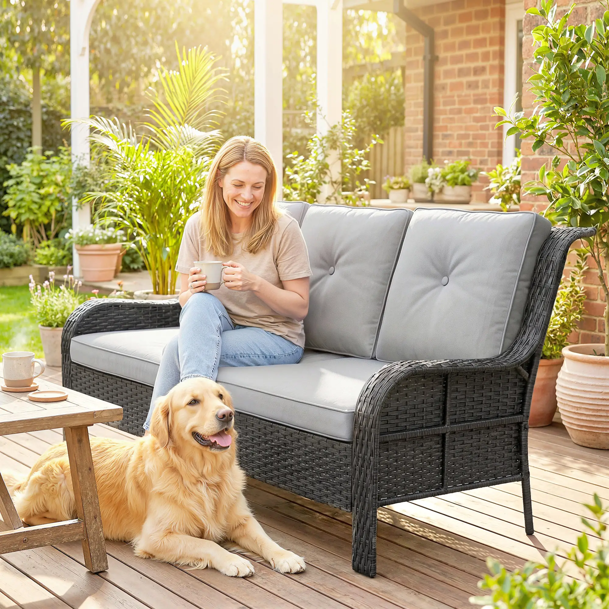 Wicker Patio Sofa With Cushions, 3 Seater Rattan Outdoor Couch, Light Grey - Image 10