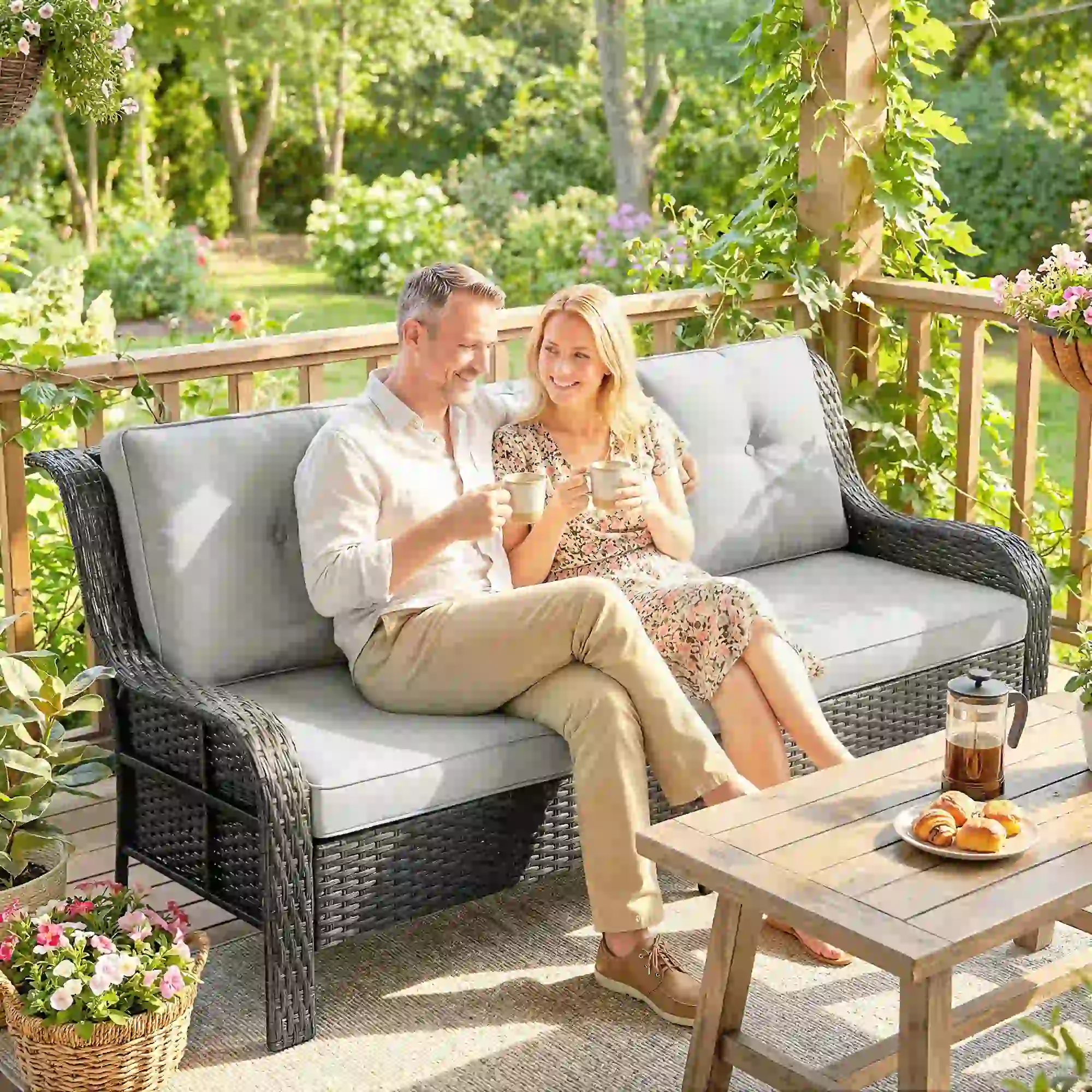 Wicker Patio Sofa With Cushions, 3 Seater Rattan Outdoor Couch, Light Grey - Image 2