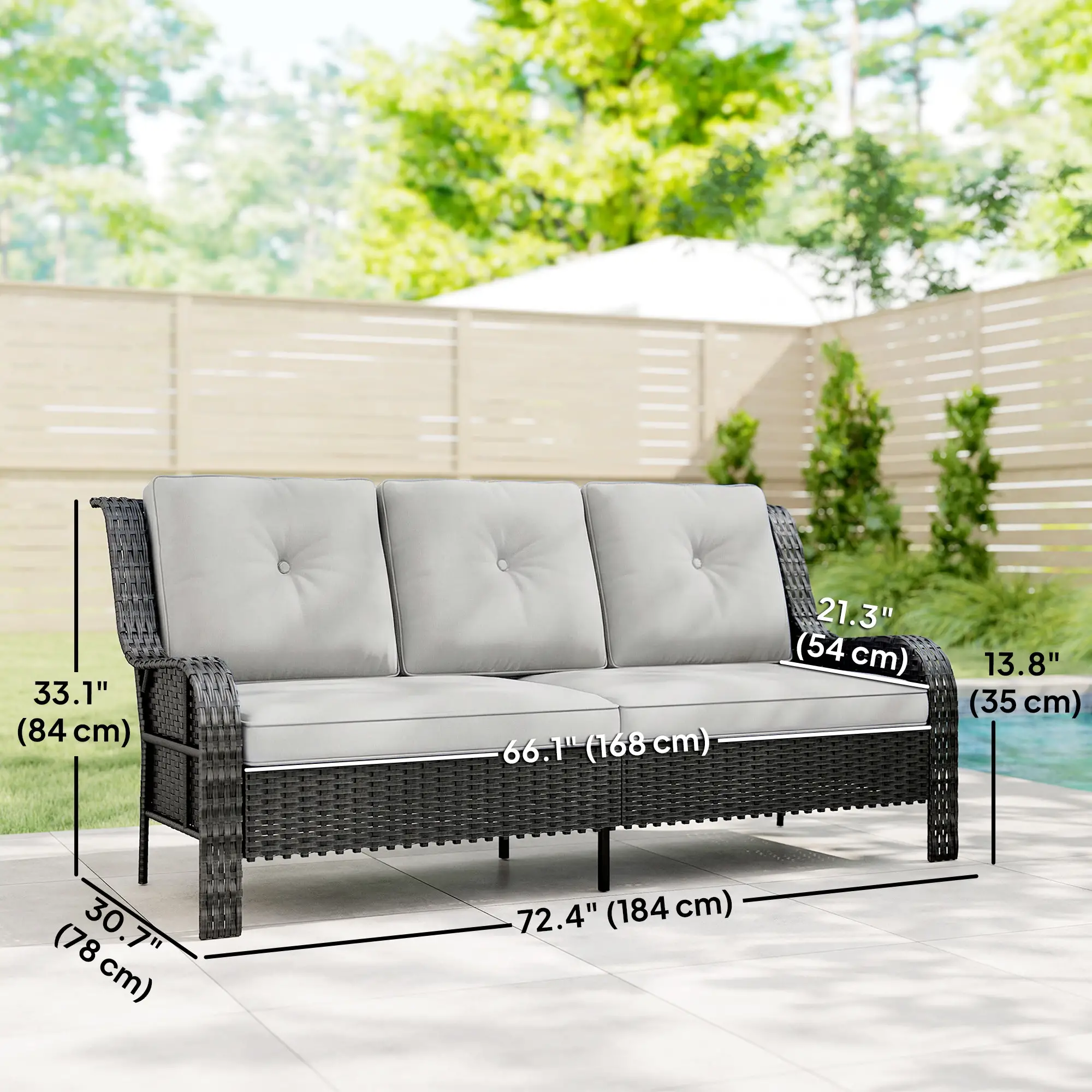 Wicker Patio Sofa With Cushions, 3 Seater Rattan Outdoor Couch, Light Grey - Image 3