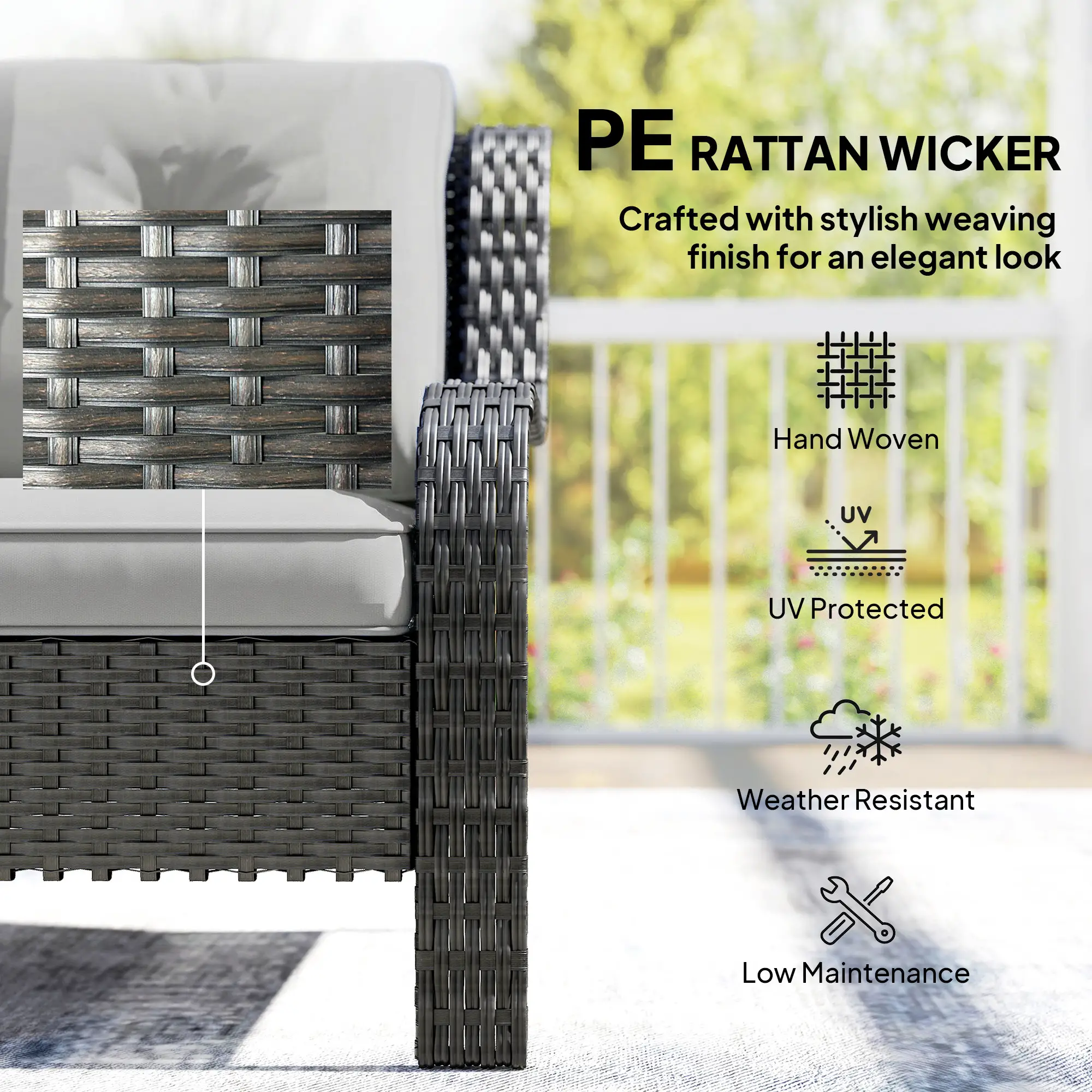 Wicker Patio Sofa With Cushions, 3 Seater Rattan Outdoor Couch, Light Grey - Image 4
