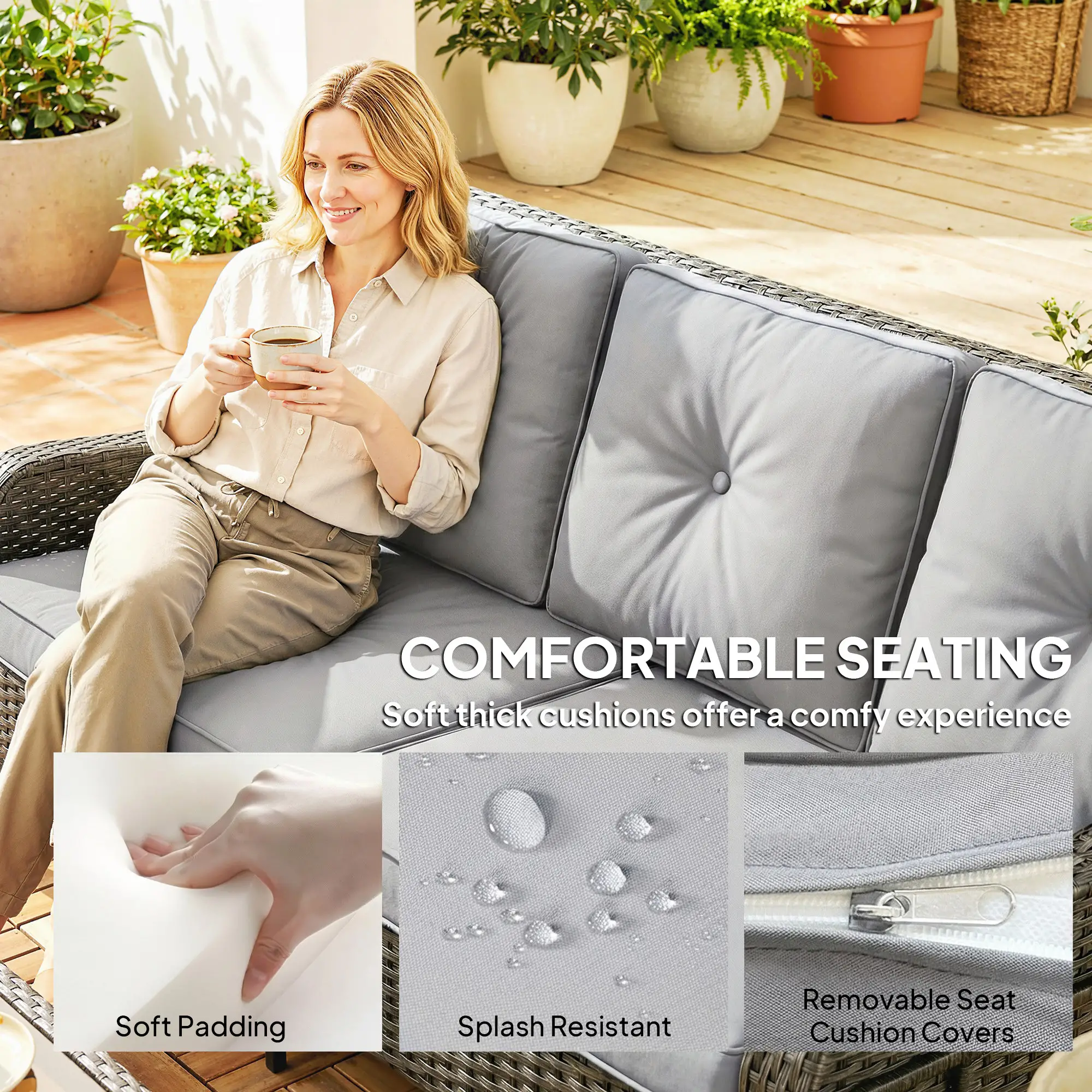 Wicker Patio Sofa With Cushions, 3 Seater Rattan Outdoor Couch, Light Grey - Image 5