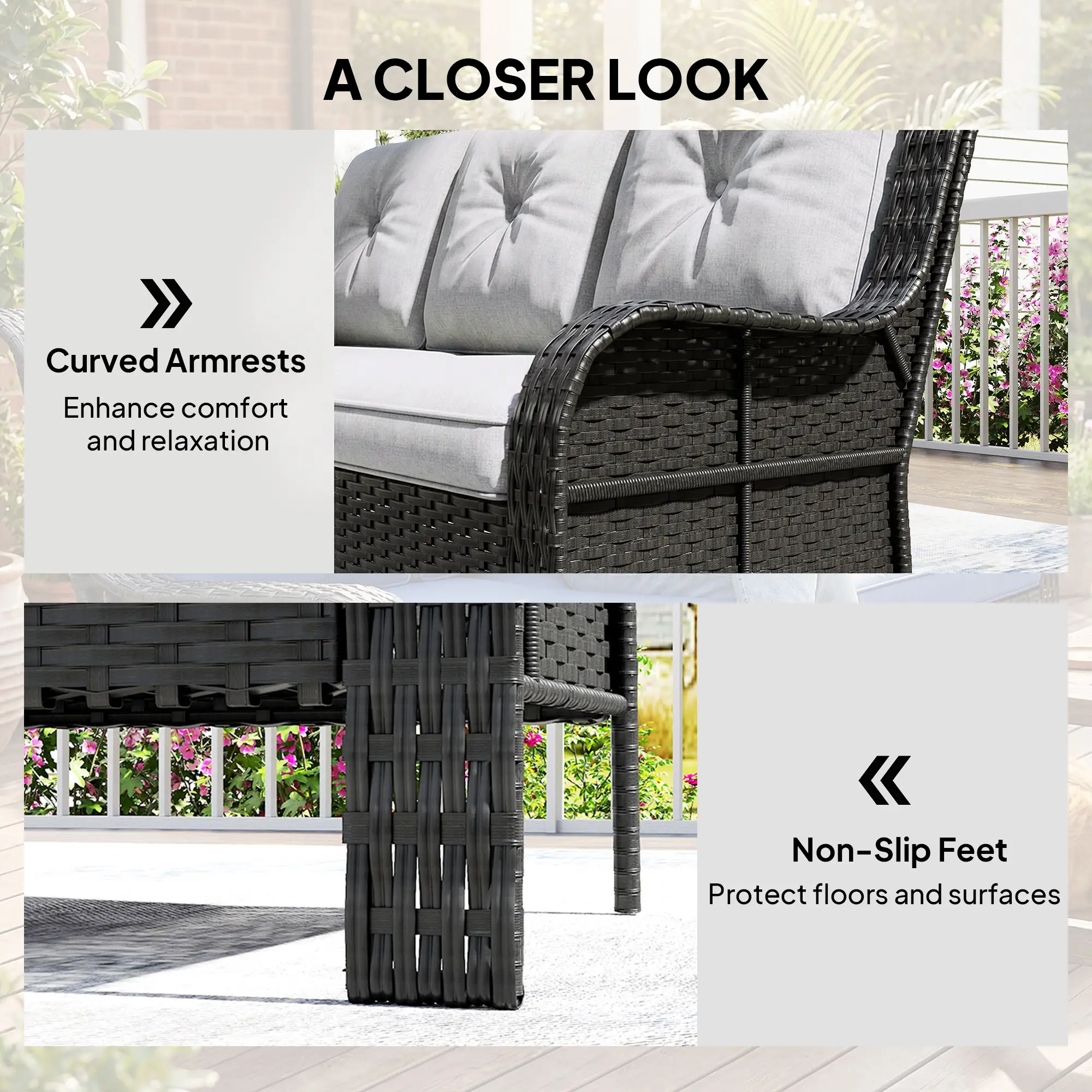 Wicker Patio Sofa With Cushions, 3 Seater Rattan Outdoor Couch, Light Grey - Image 6