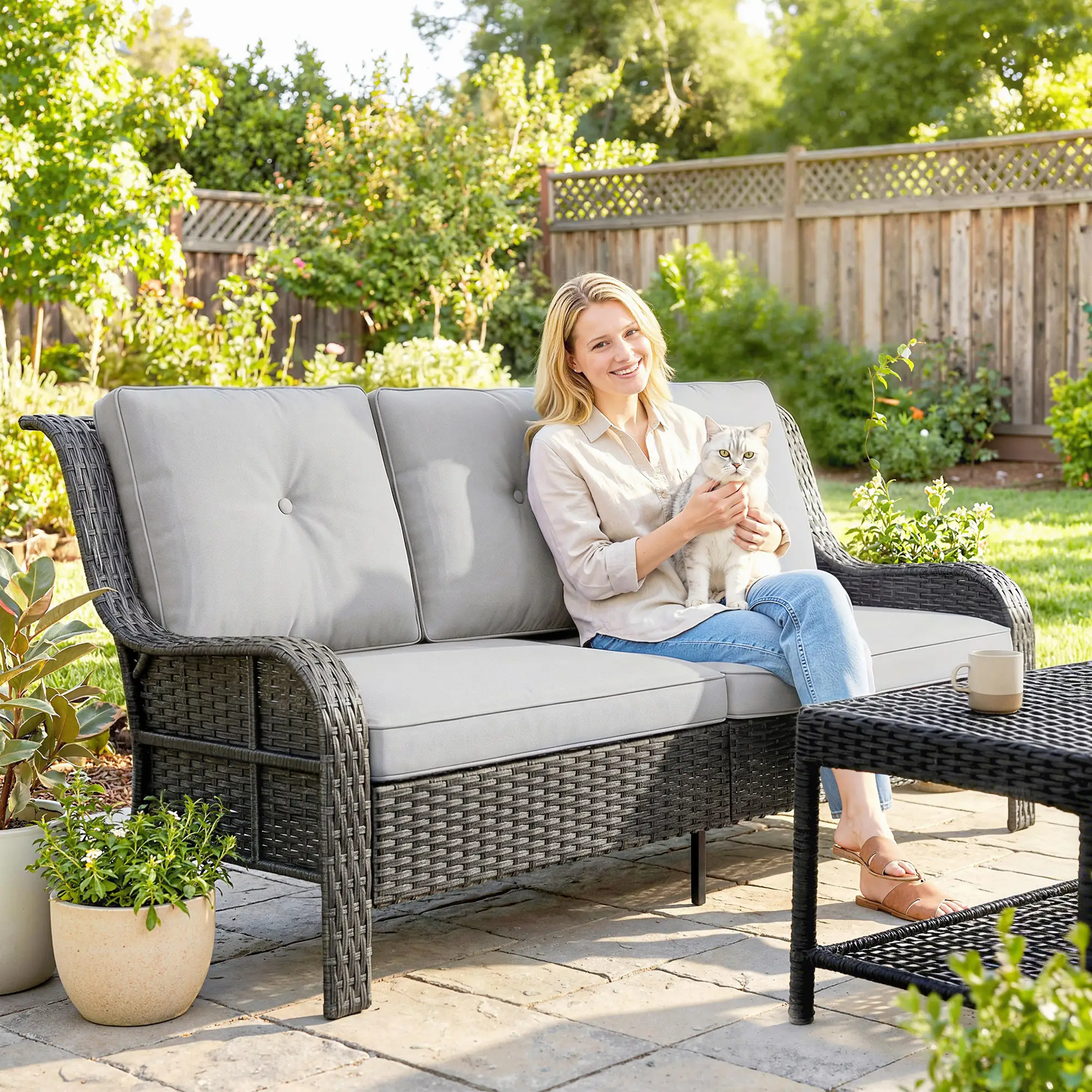 Wicker Patio Sofa With Cushions, 3 Seater Rattan Outdoor Couch, Light Grey - Image 8