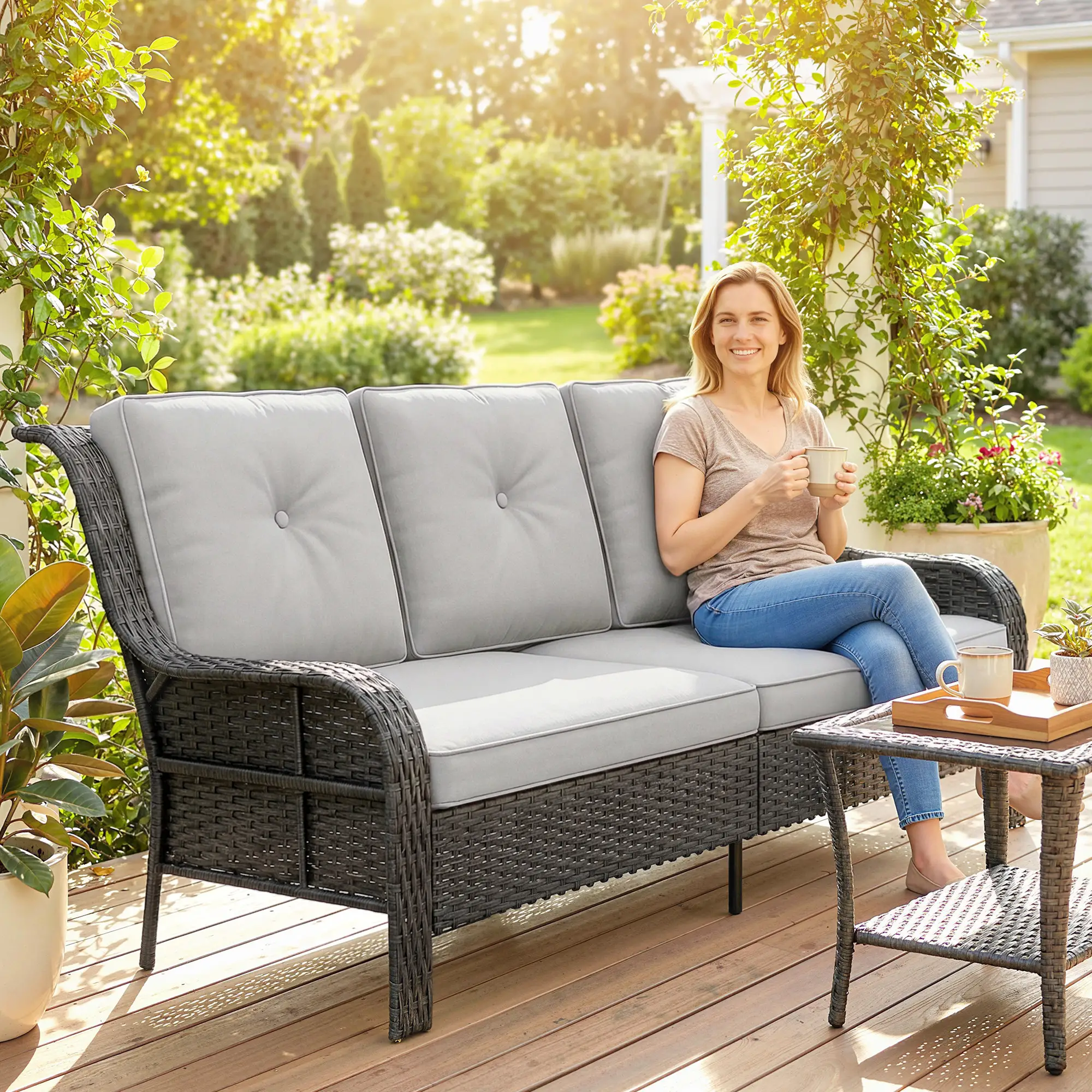 Wicker Patio Sofa With Cushions, 3 Seater Rattan Outdoor Couch, Light Grey - Image 9