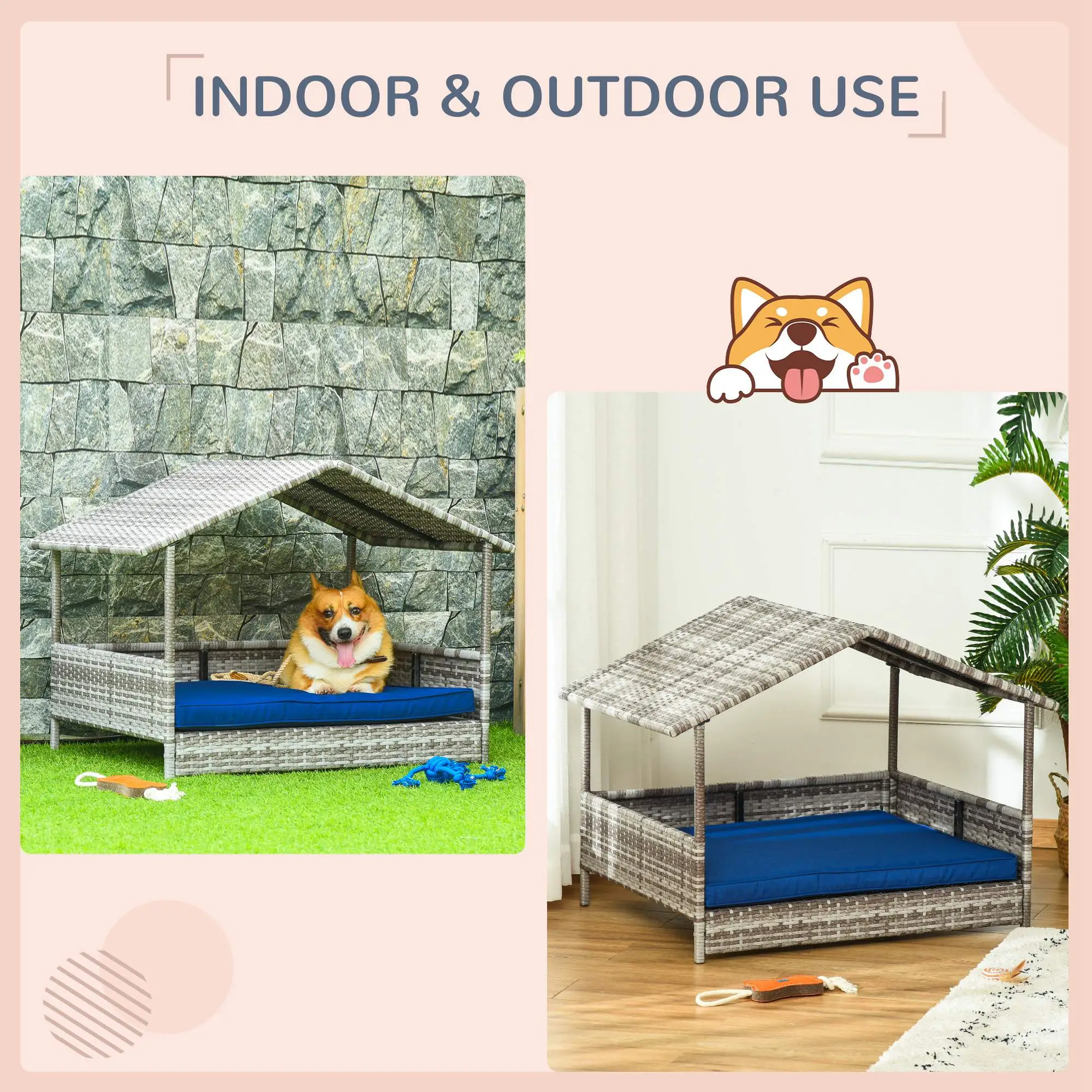 Wicker Pet House Dog Bed for Indoor/Outdoor Rattan Furniture with Cushion - Image 4