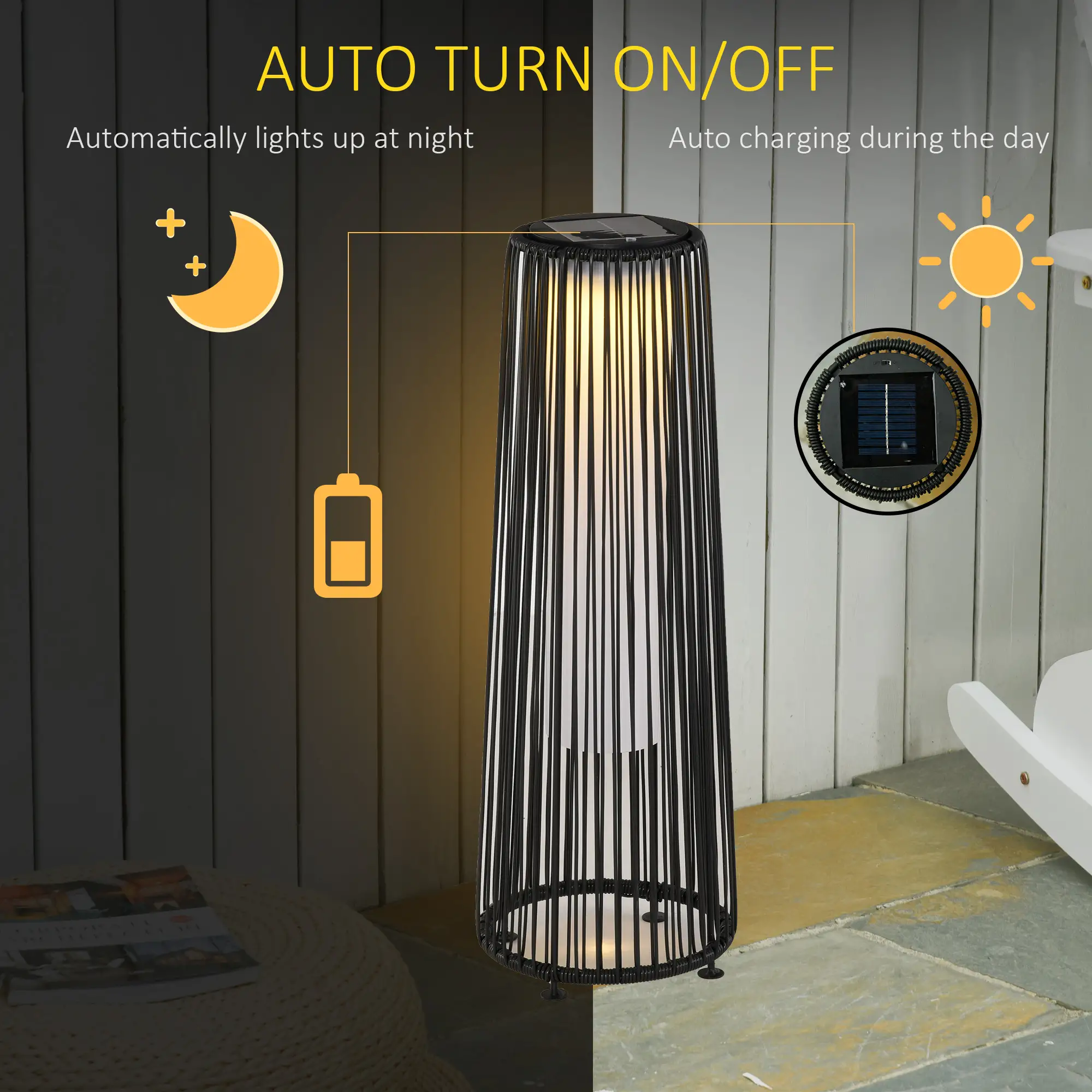 Wicker Solar Floor Lamp, Auto On/Off LED, IP44, Black - Image 4