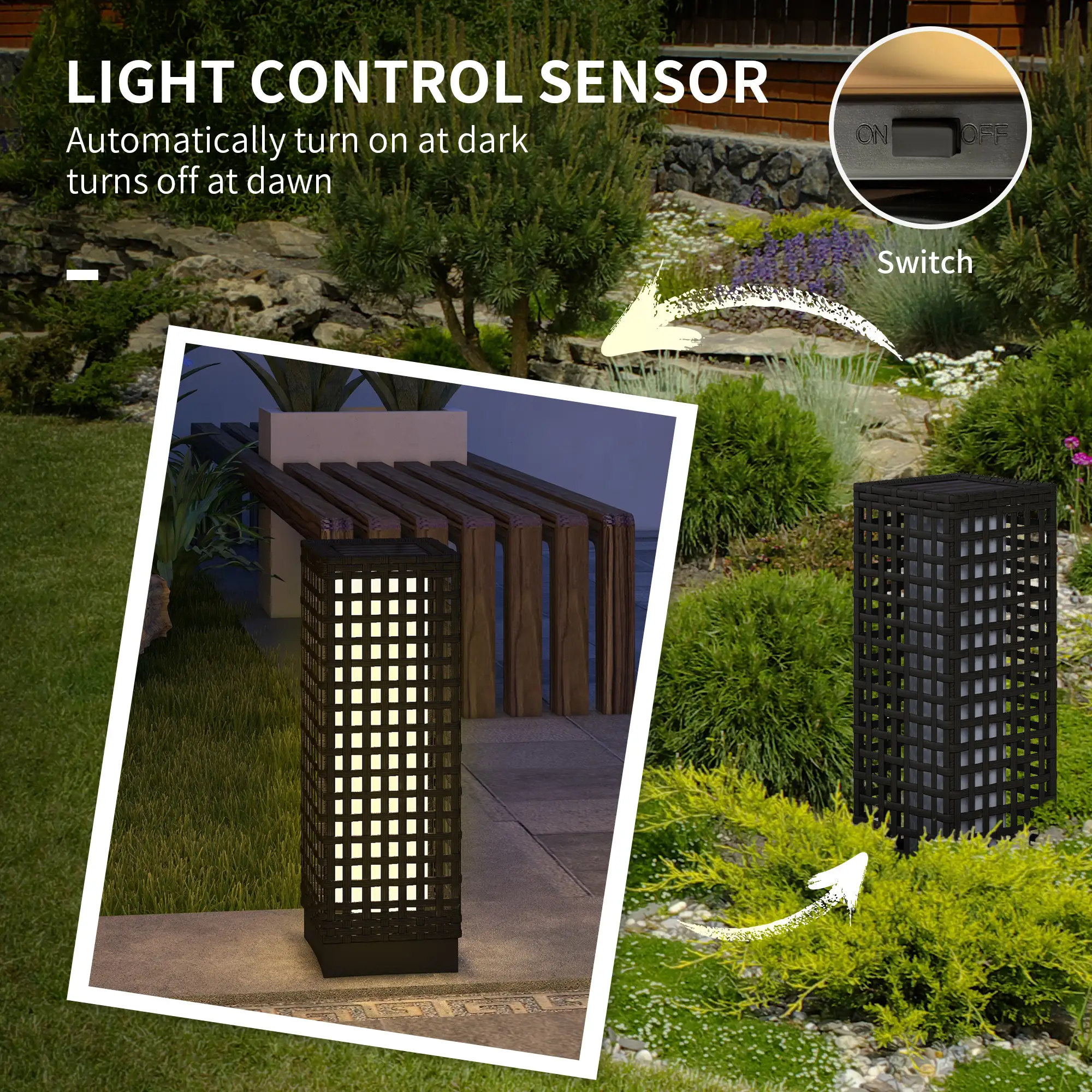 Wicker Solar Outdoor Lamp, Auto On/Off LED, IP44, Black - Image 6