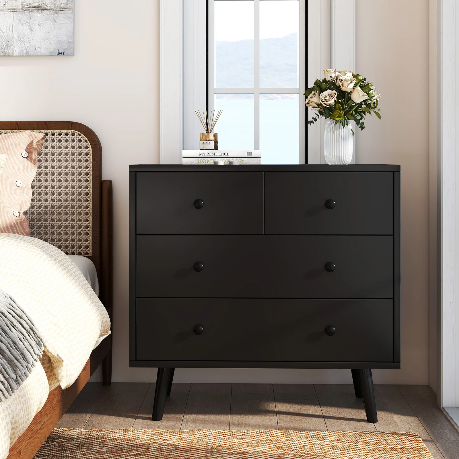 Wide Wooden Dresser with 4 Drawers for Bedroom Living Room, Black - Image 2