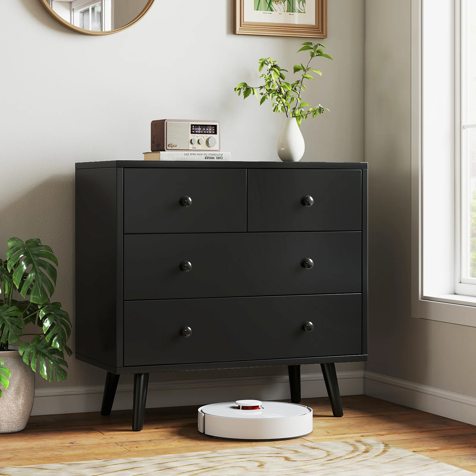 Wide Wooden Dresser with 4 Drawers for Bedroom Living Room, Black - Image 3