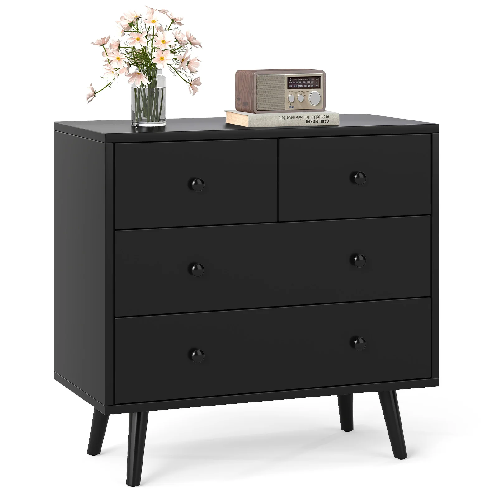 Wide Wooden Dresser with 4 Drawers for Bedroom Living Room, Black - Image 5