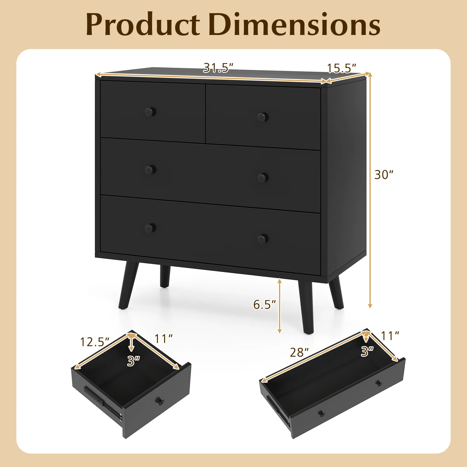 Wide Wooden Dresser with 4 Drawers for Bedroom Living Room, Black - Image 6