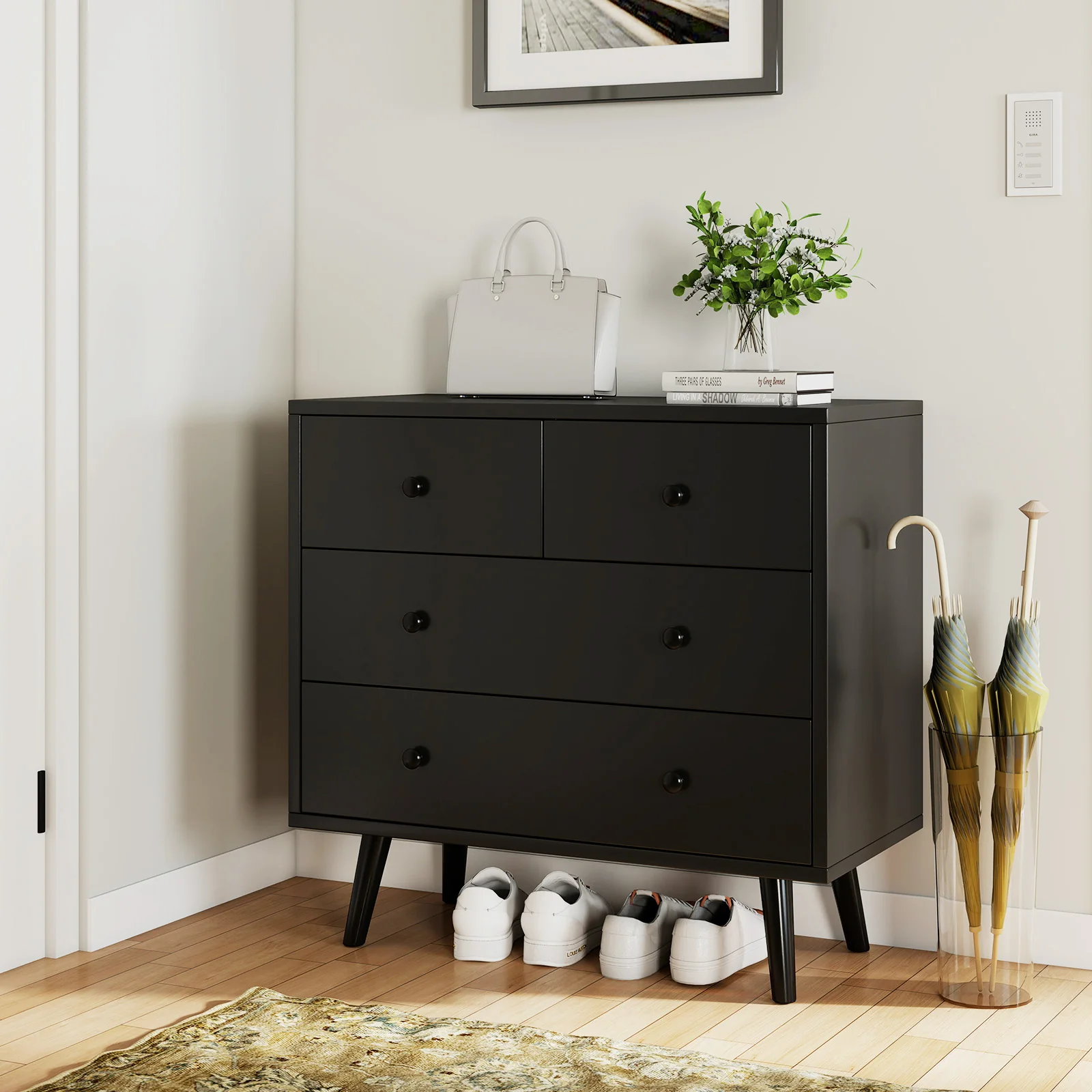 Wide Wooden Dresser with 4 Drawers for Bedroom Living Room, Black - Image 7