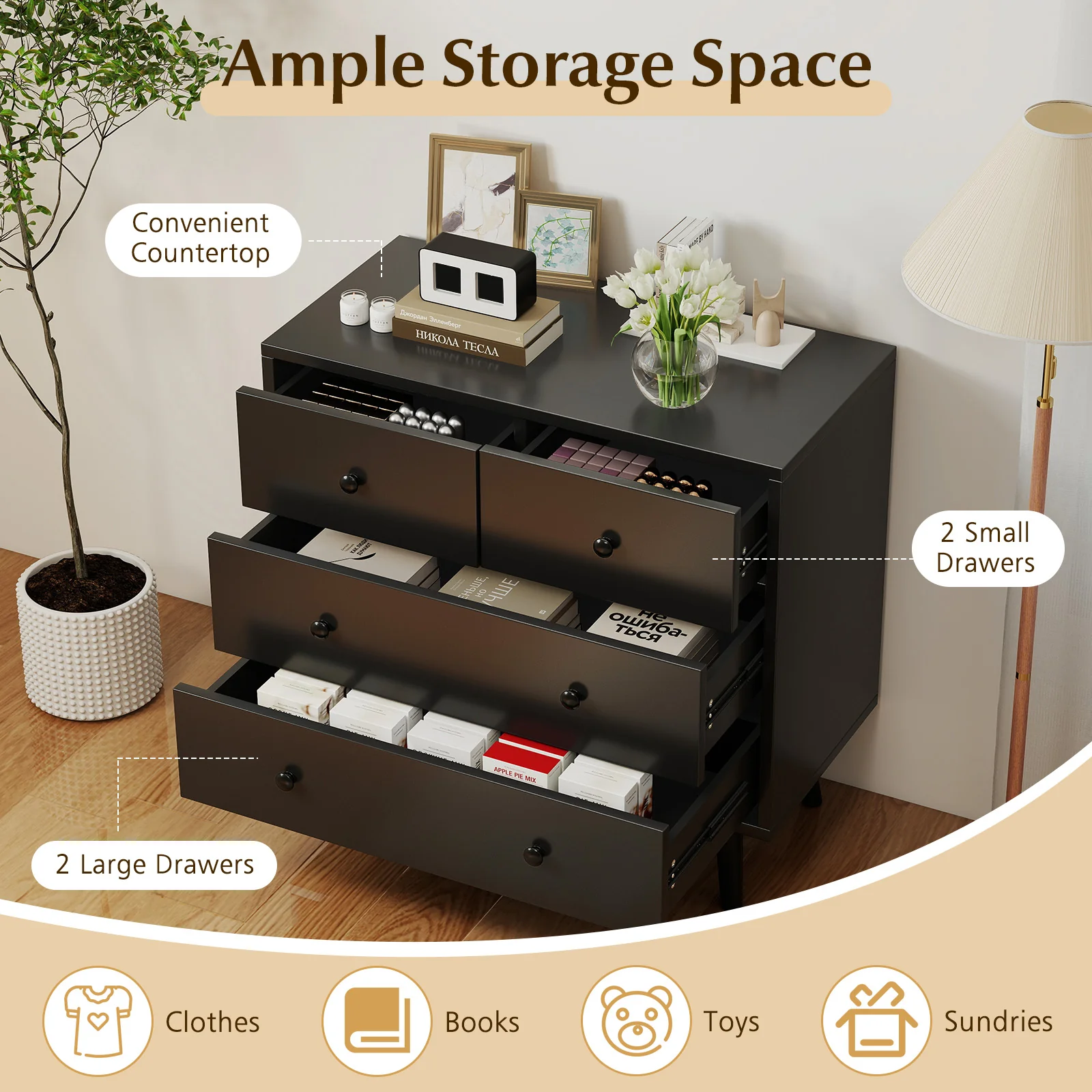 Wide Wooden Dresser with 4 Drawers for Bedroom Living Room, Black - Image 8