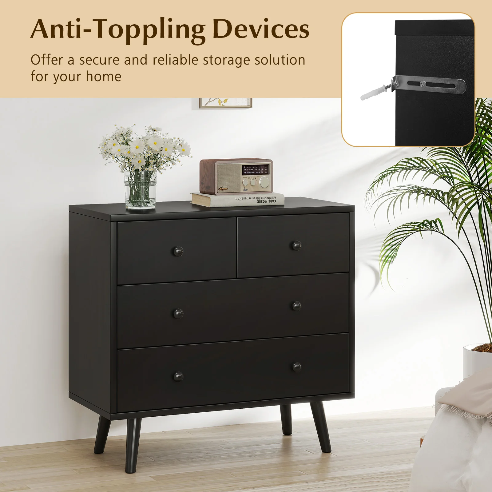Wide Wooden Dresser with 4 Drawers for Bedroom Living Room, Black - Image 9