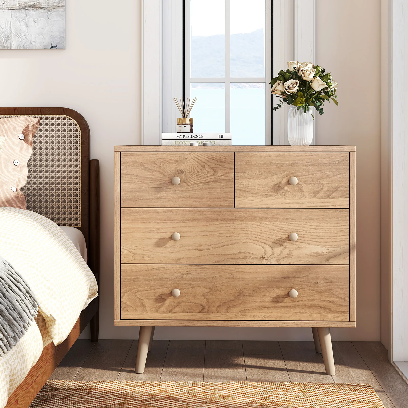 Wide Wooden Dresser with 4 Drawers for Bedroom Living Room, Natural - Image 2