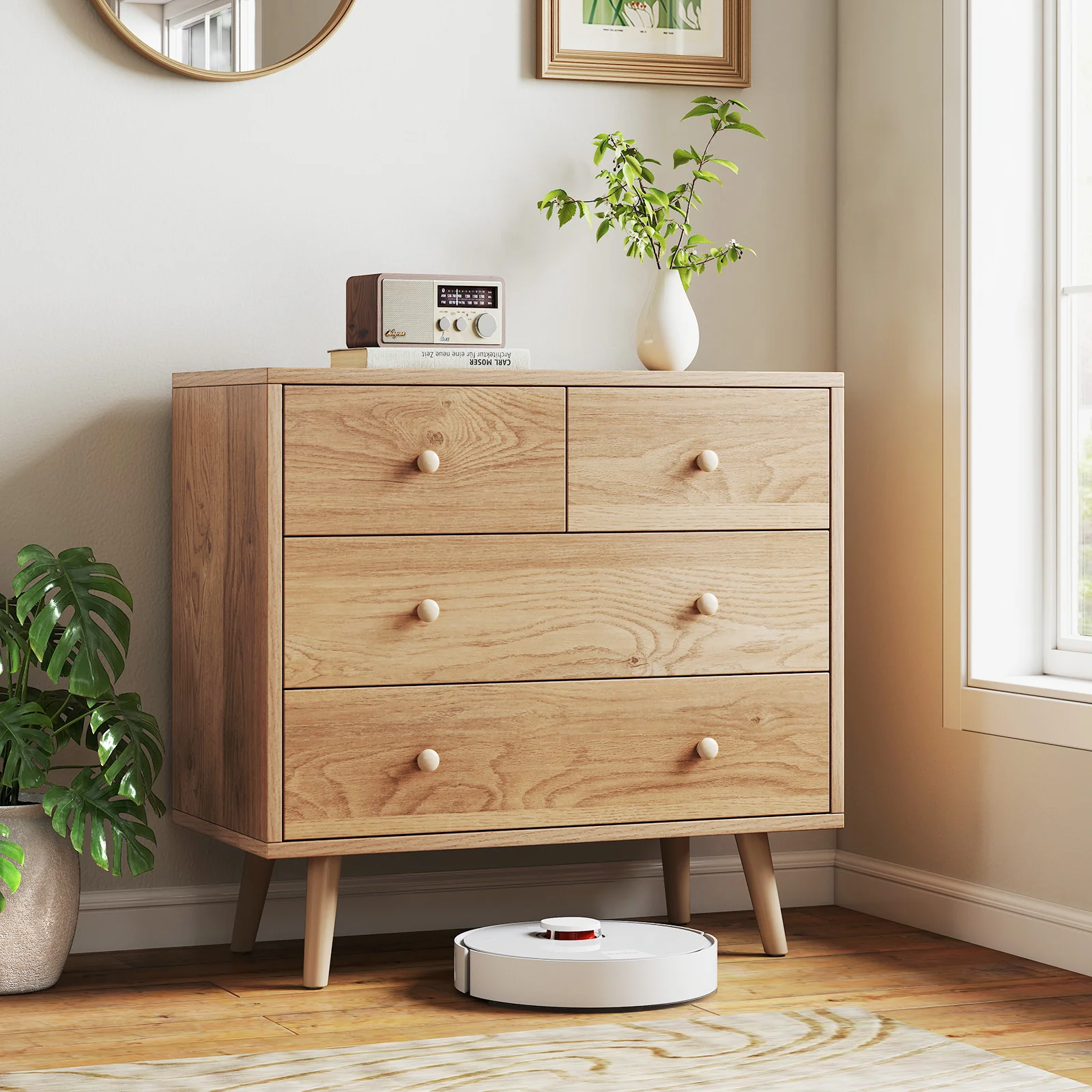 Wide Wooden Dresser with 4 Drawers for Bedroom Living Room, Natural - Image 3
