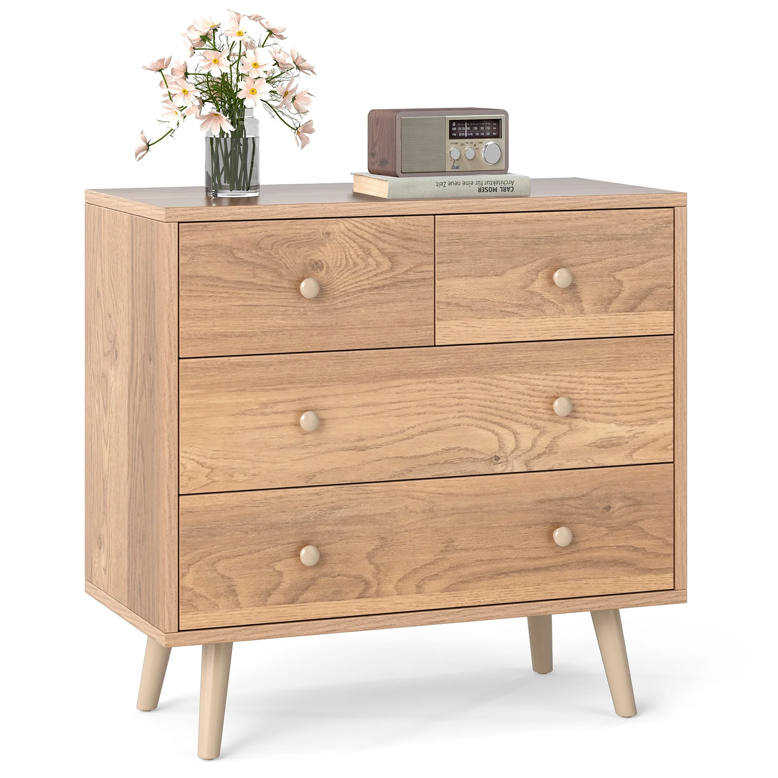 Wide Wooden Dresser with 4 Drawers for Bedroom Living Room, Natural - Image 5
