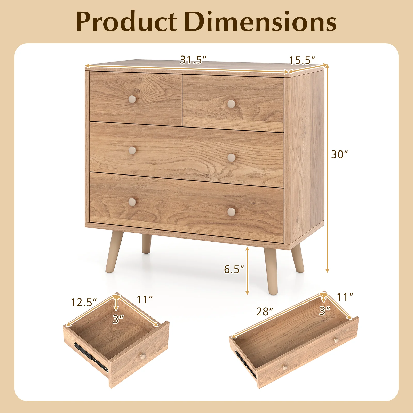 Wide Wooden Dresser with 4 Drawers for Bedroom Living Room, Natural - Image 6