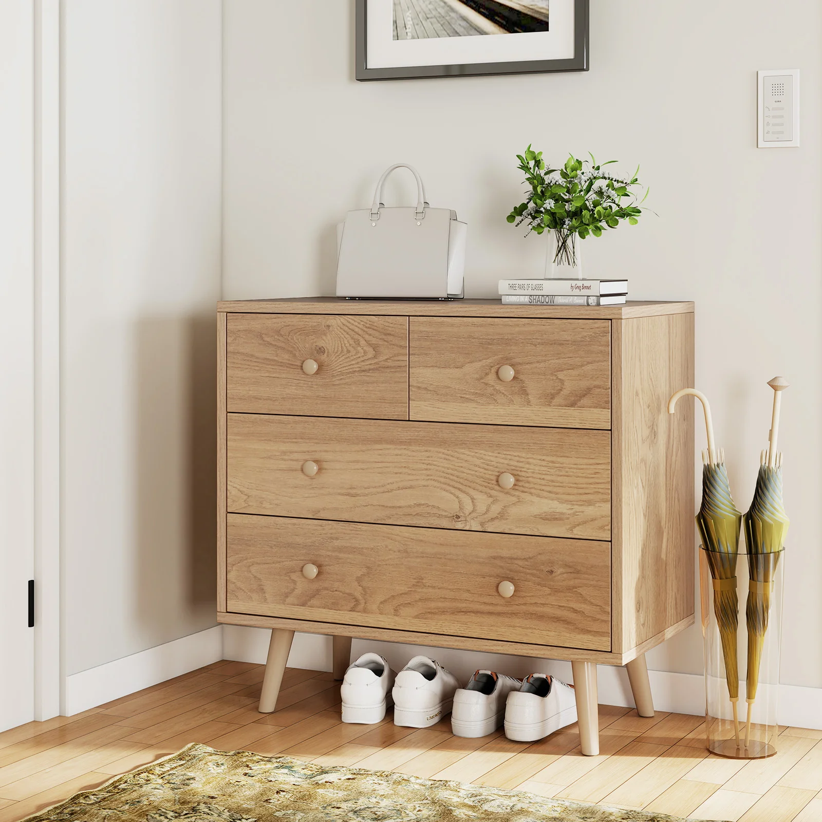Wide Wooden Dresser with 4 Drawers for Bedroom Living Room, Natural - Image 7