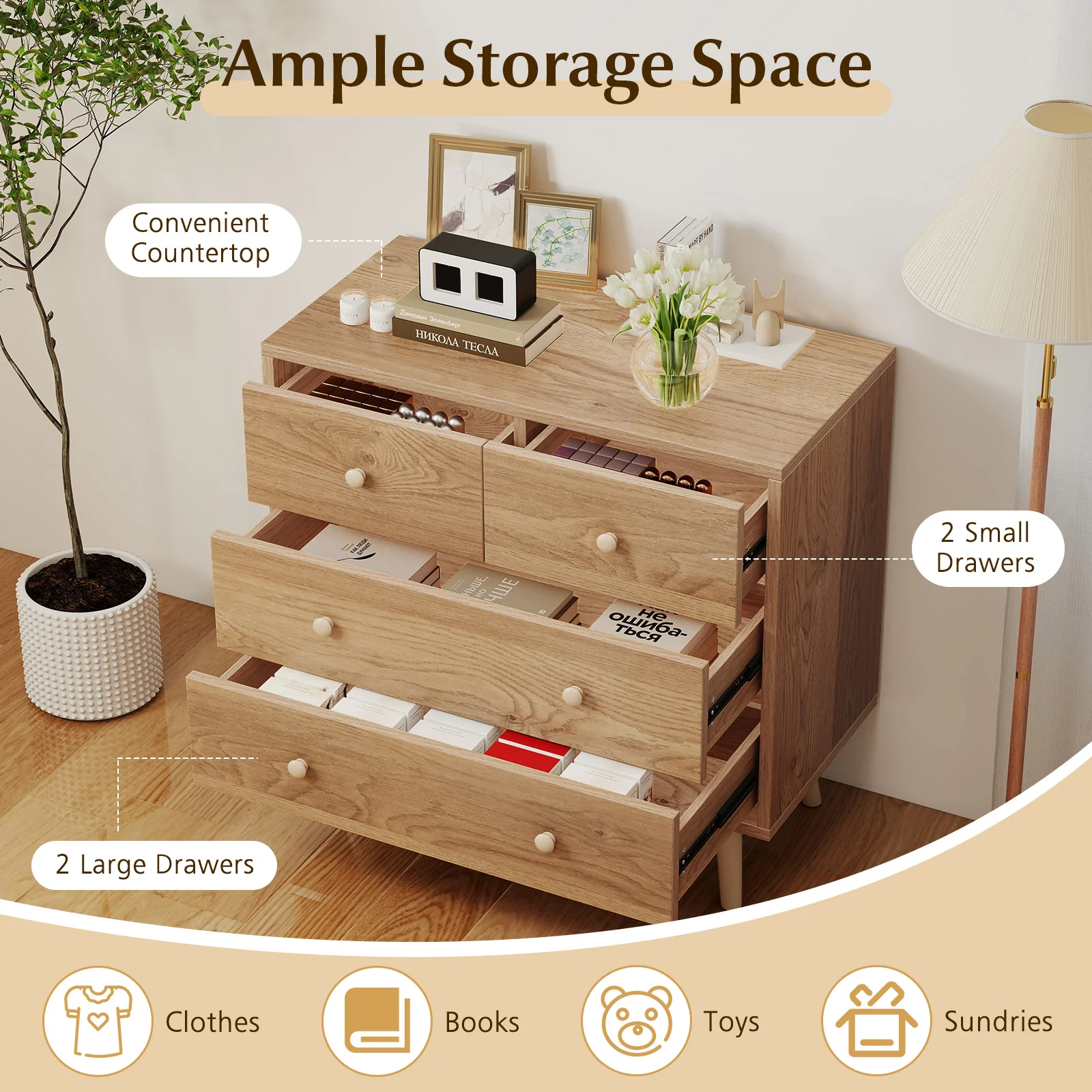 Wide Wooden Dresser with 4 Drawers for Bedroom Living Room, Natural - Image 8