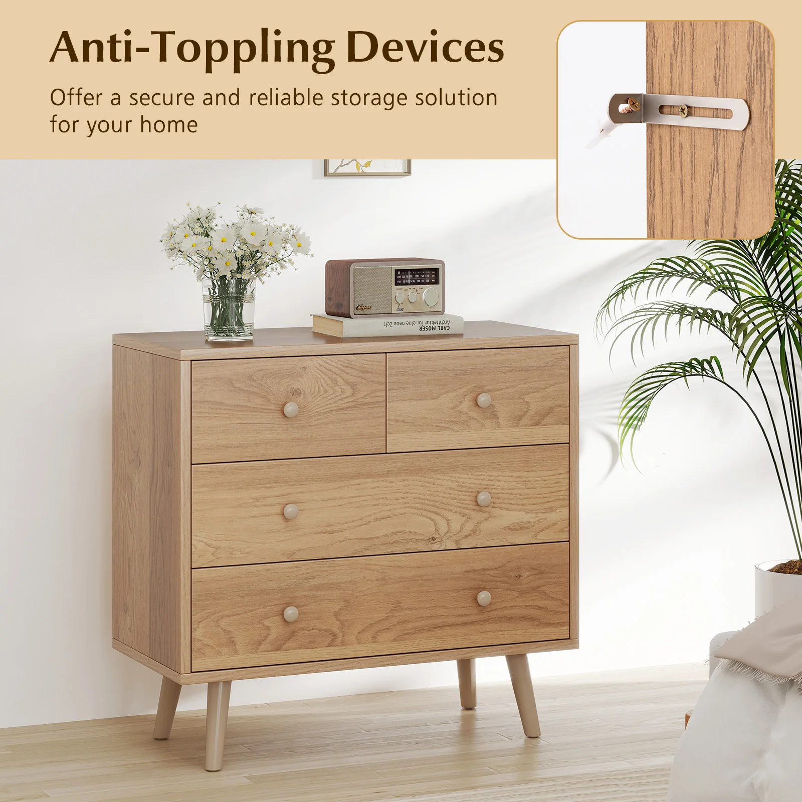 Wide Wooden Dresser with 4 Drawers for Bedroom Living Room, Natural - Image 9