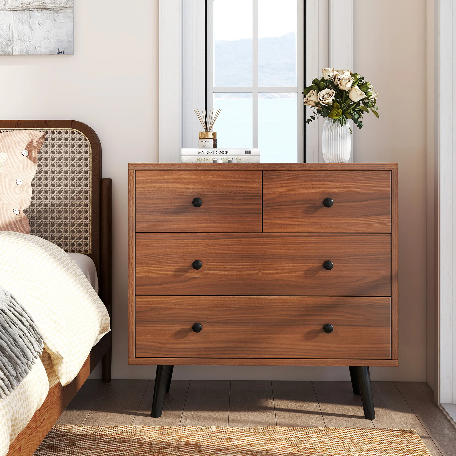 Wide Wooden Dresser with 4 Drawers for Bedroom Living Room, Walnut - Image 2