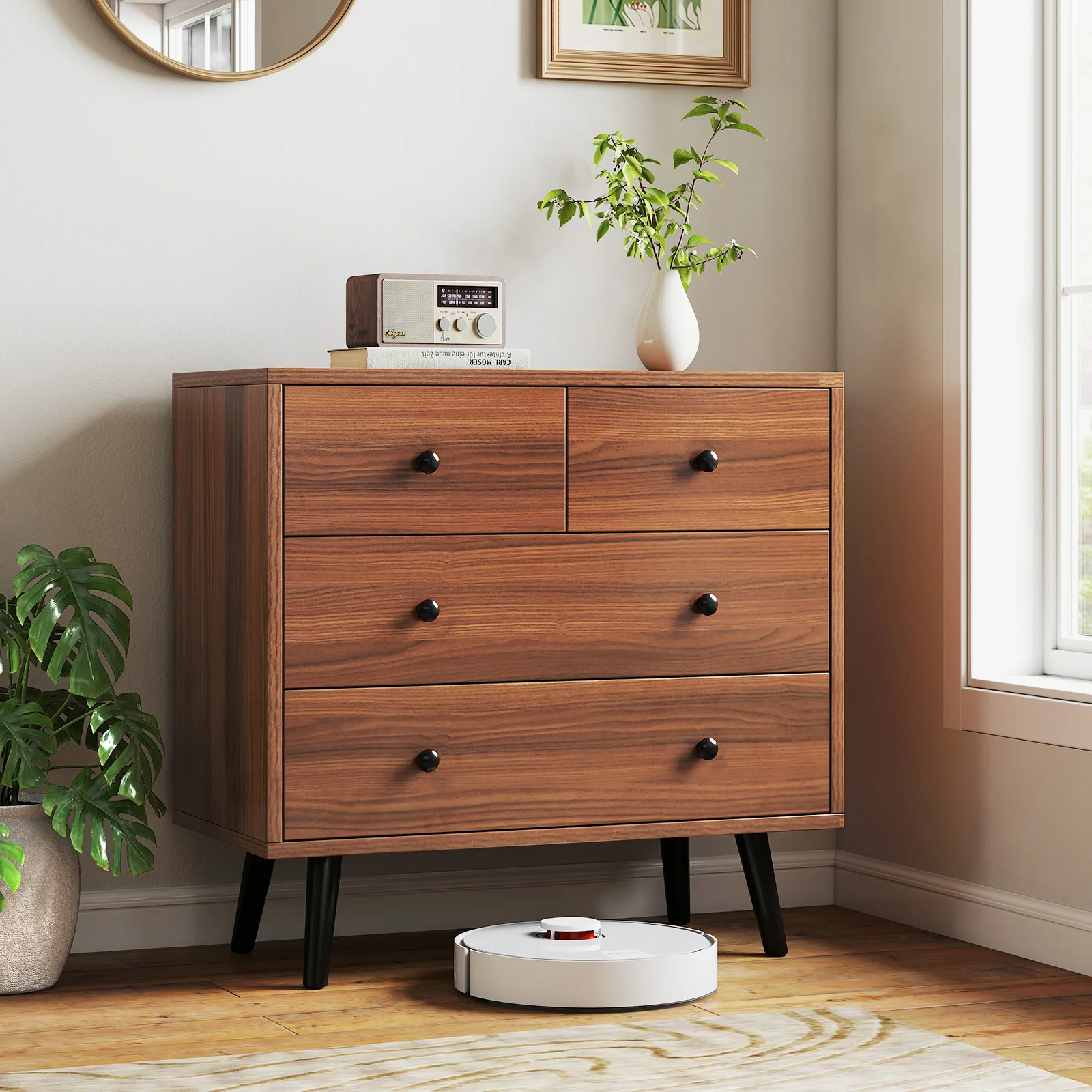 Wide Wooden Dresser with 4 Drawers for Bedroom Living Room, Walnut - Image 3