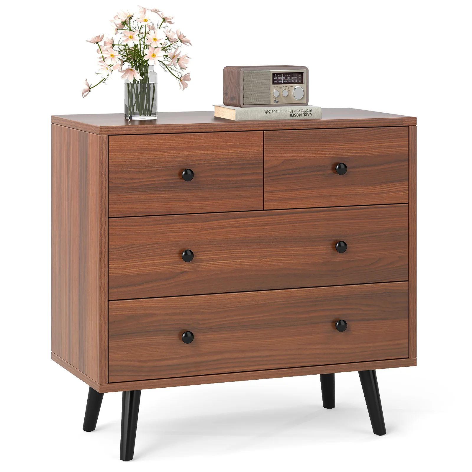 Wide Wooden Dresser with 4 Drawers for Bedroom Living Room, Walnut - Image 5