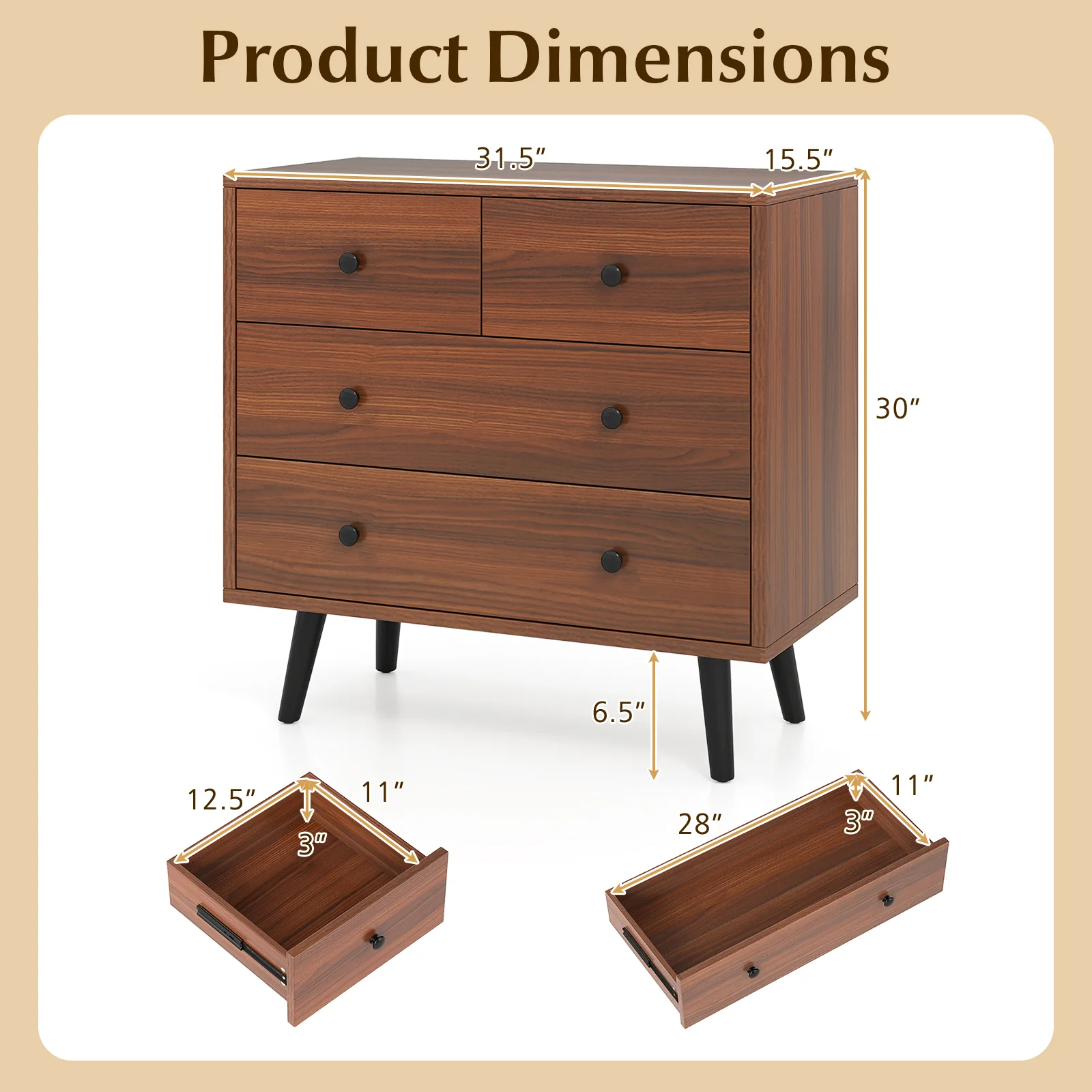 Wide Wooden Dresser with 4 Drawers for Bedroom Living Room, Walnut - Image 6