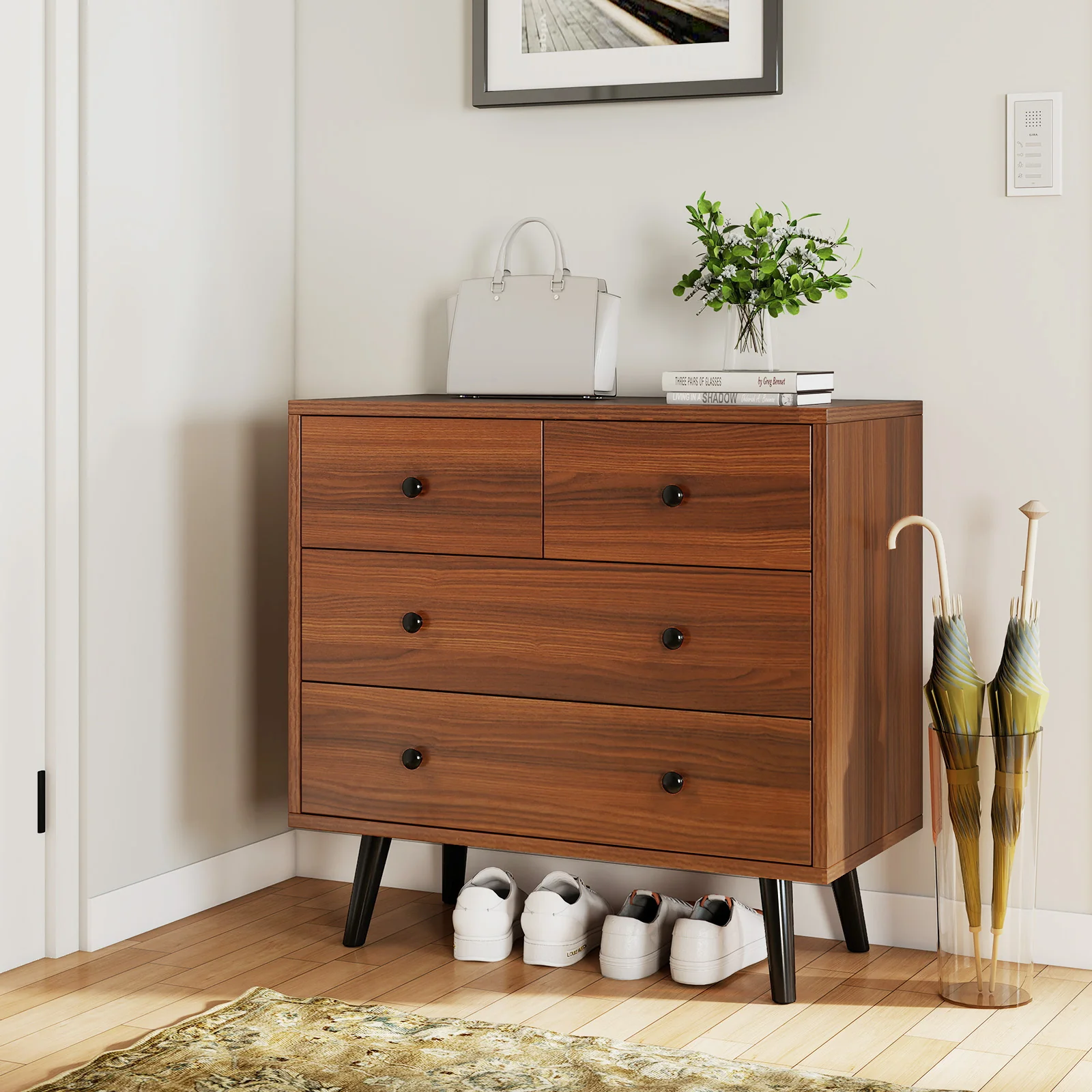 Wide Wooden Dresser with 4 Drawers for Bedroom Living Room, Walnut - Image 7