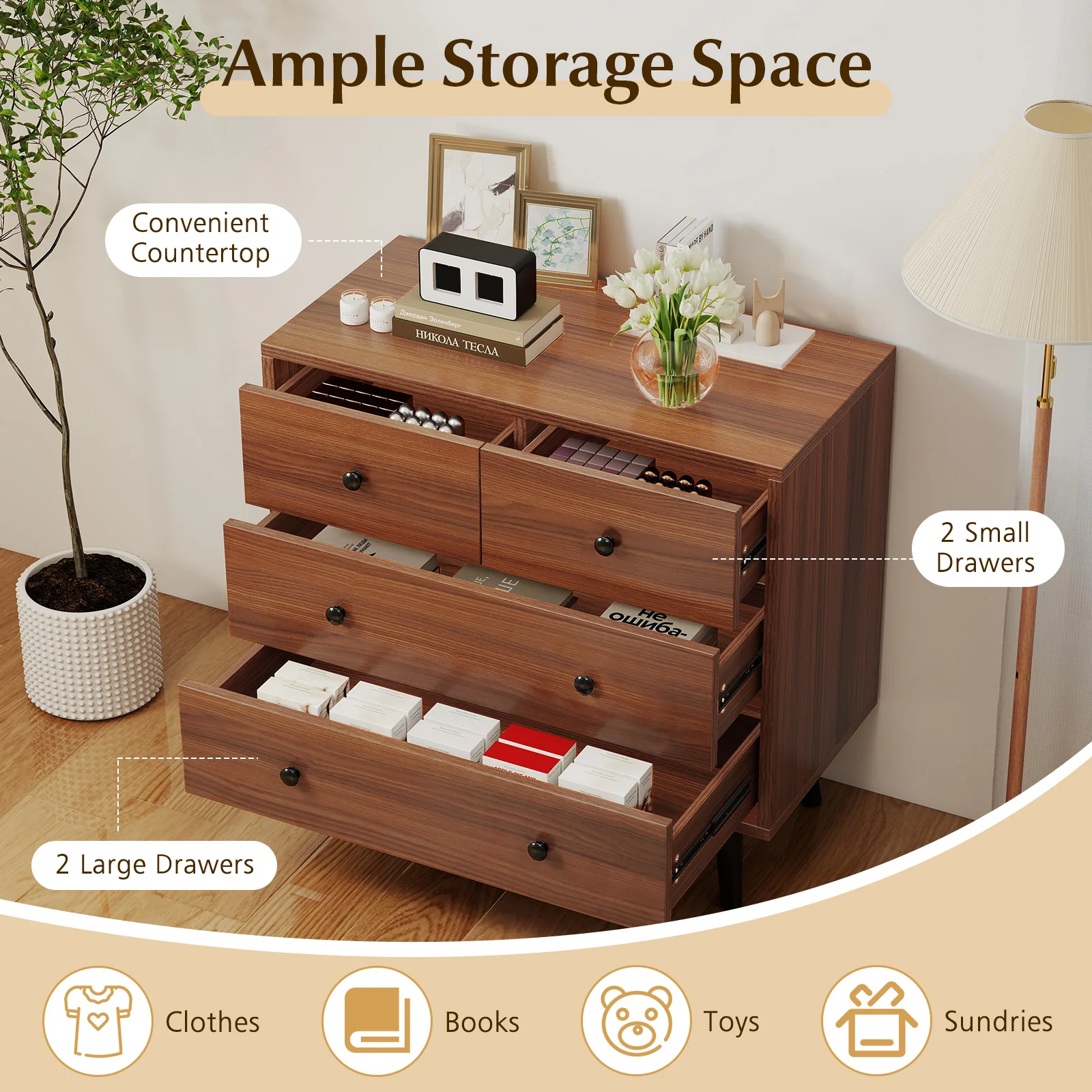 Wide Wooden Dresser with 4 Drawers for Bedroom Living Room, Walnut - Image 8