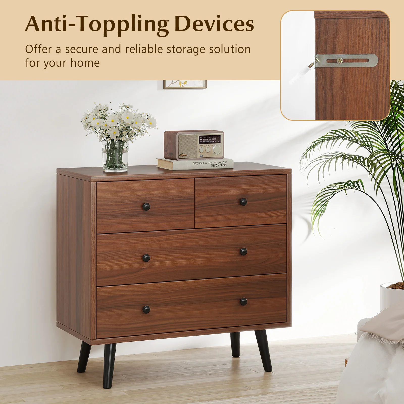 Wide Wooden Dresser with 4 Drawers for Bedroom Living Room, Walnut - Image 9
