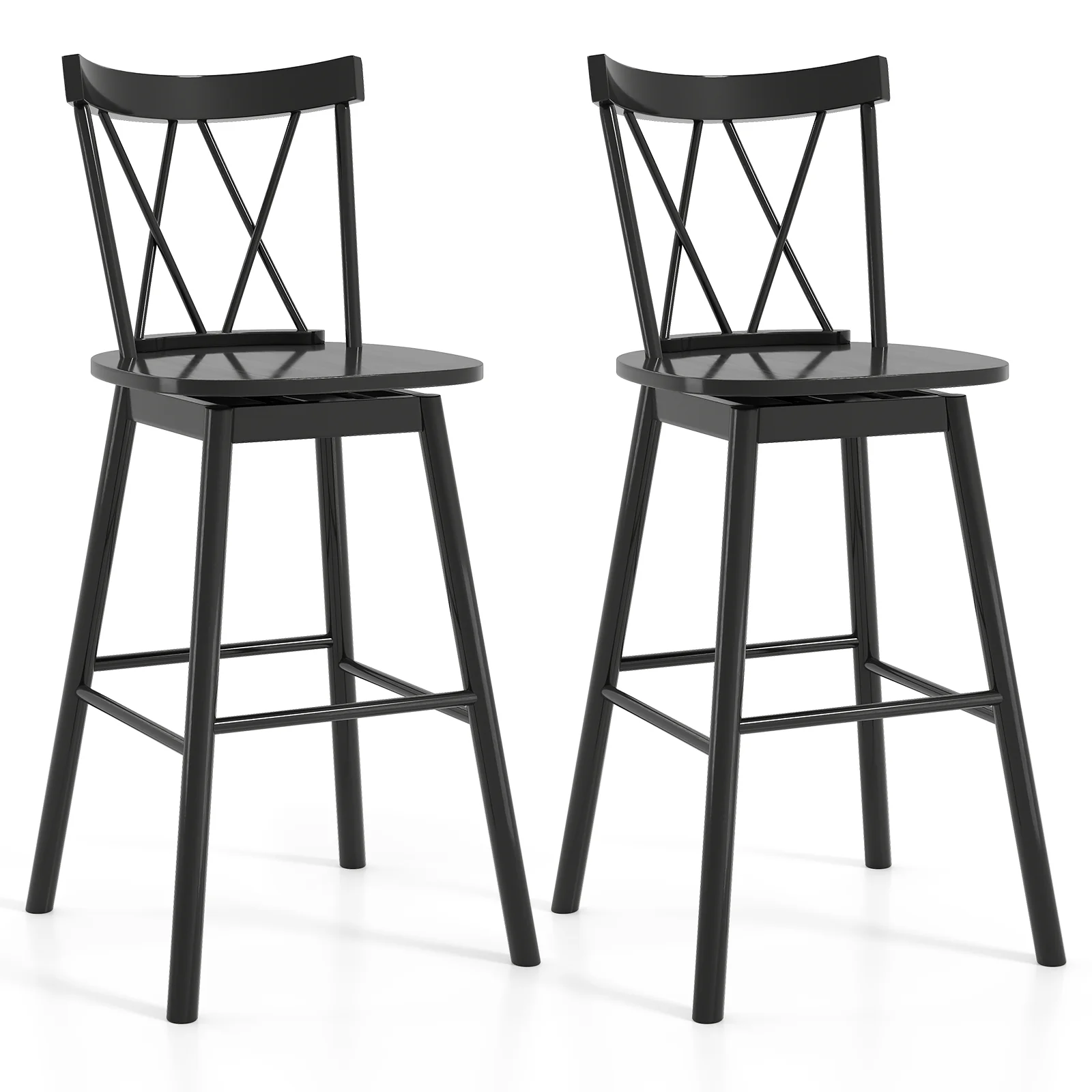 Windsor Bar Stool Set, 29 Inches, Ergonomic Backrest, Footrests, Black