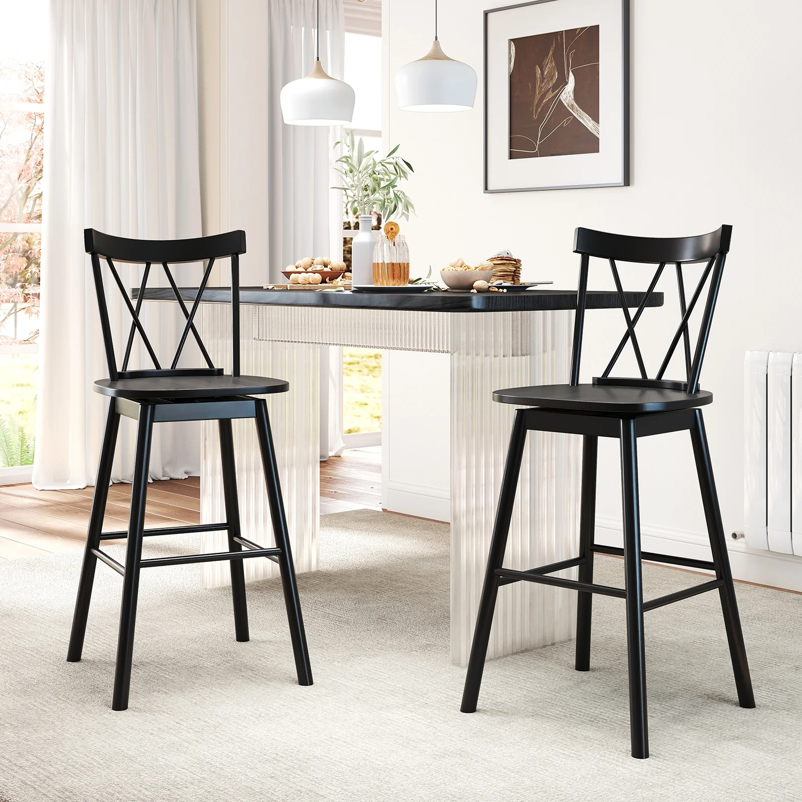 Windsor Bar Stool Set, 29 Inches, Ergonomic Backrest, Footrests, Black - Image 2
