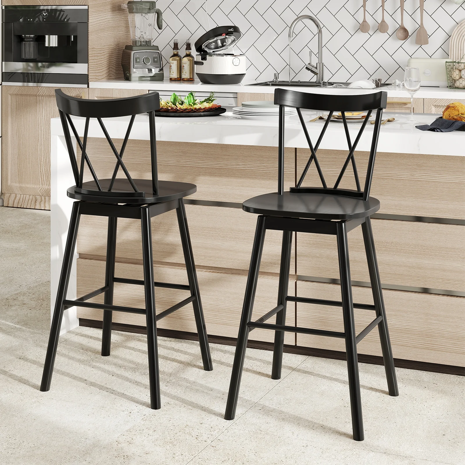 Windsor Bar Stool Set, 29 Inches, Ergonomic Backrest, Footrests, Black - Image 3