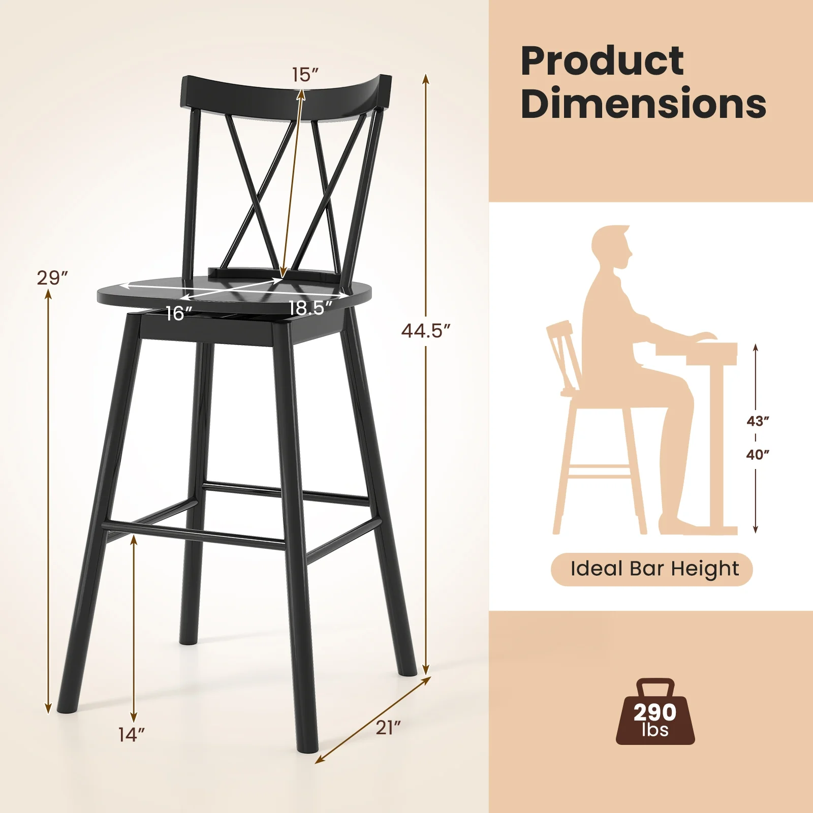 Windsor Bar Stool Set, 29 Inches, Ergonomic Backrest, Footrests, Black - Image 5