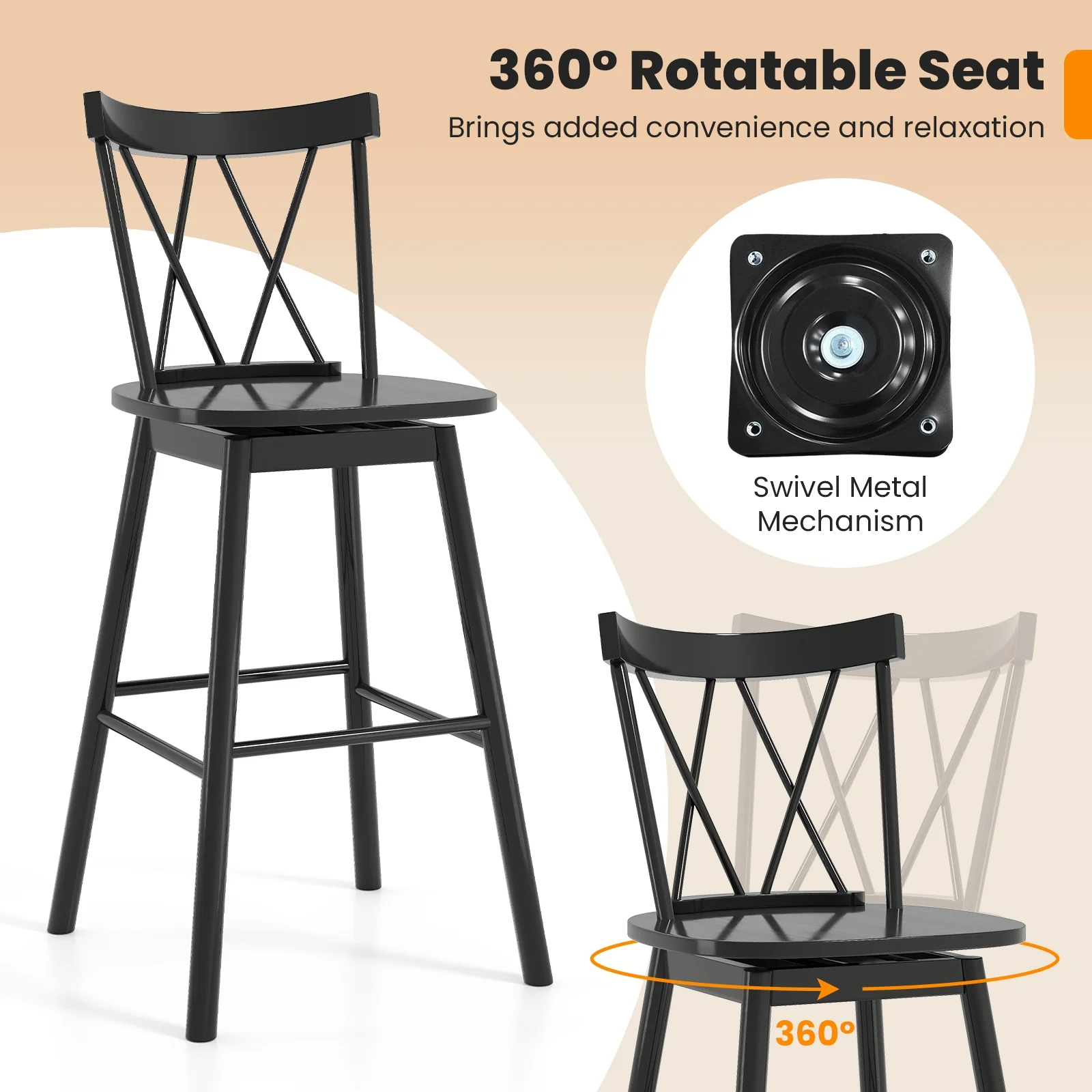 Windsor Bar Stool Set, 29 Inches, Ergonomic Backrest, Footrests, Black - Image 6