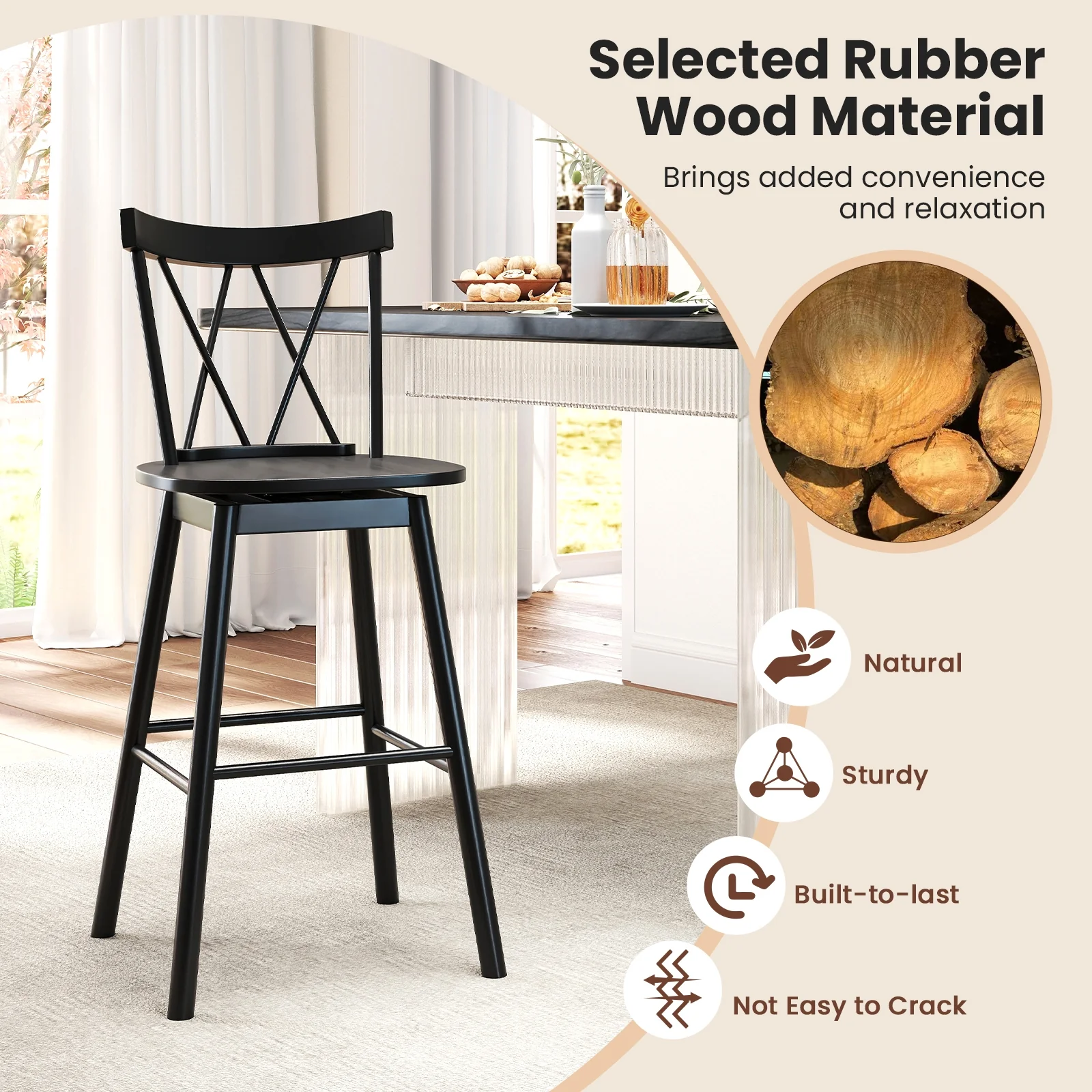 Windsor Bar Stool Set, 29 Inches, Ergonomic Backrest, Footrests, Black - Image 7
