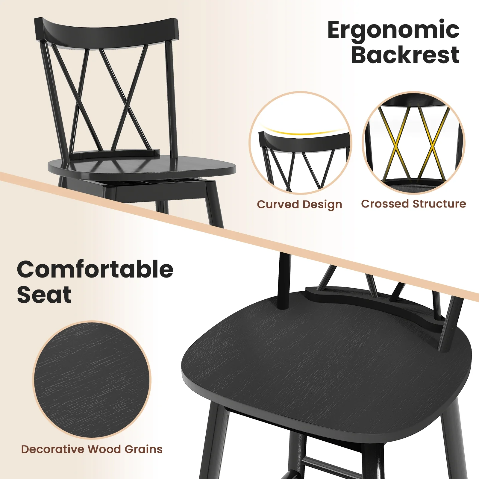 Windsor Bar Stool Set, 29 Inches, Ergonomic Backrest, Footrests, Black - Image 8