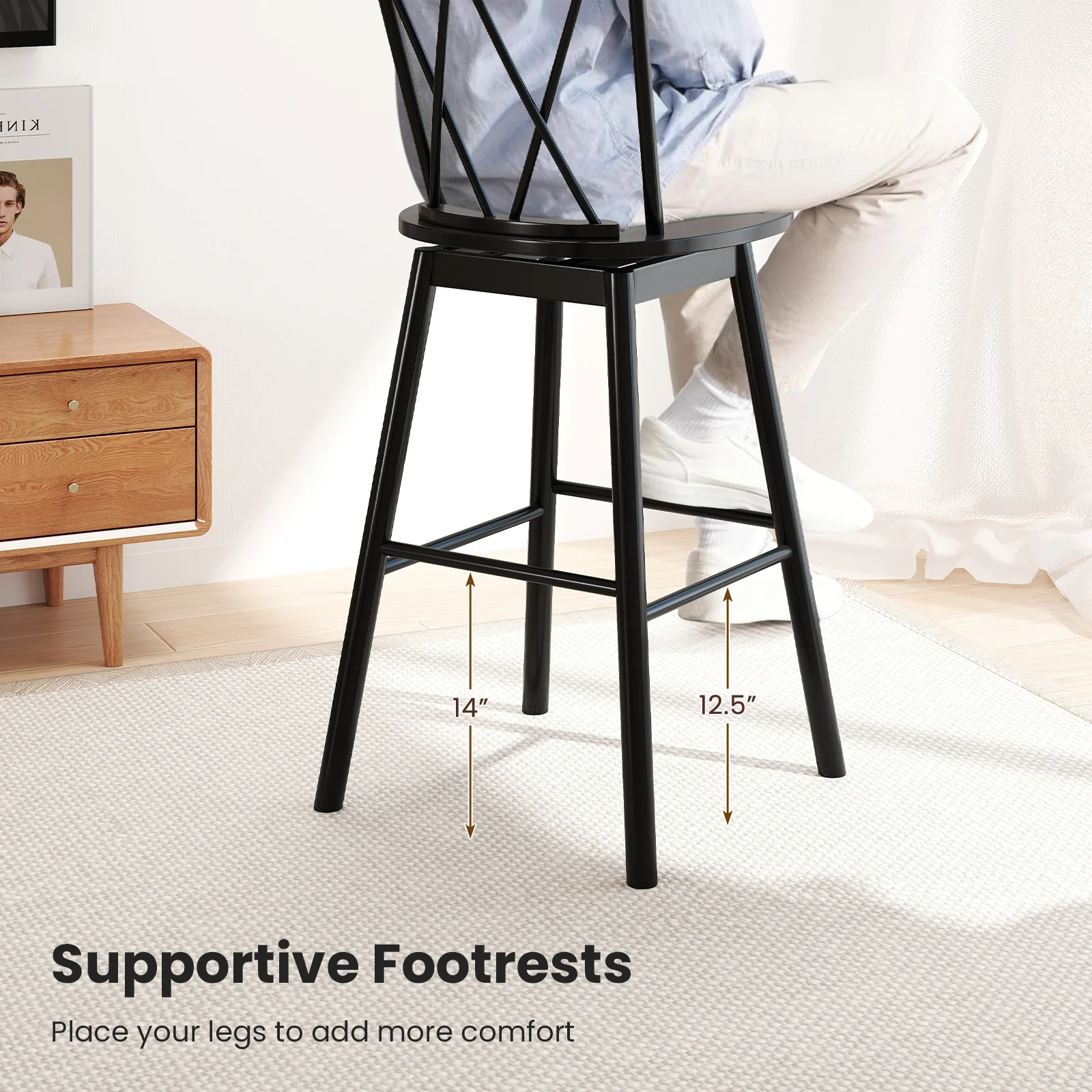 Windsor Bar Stool Set, 29 Inches, Ergonomic Backrest, Footrests, Black - Image 9